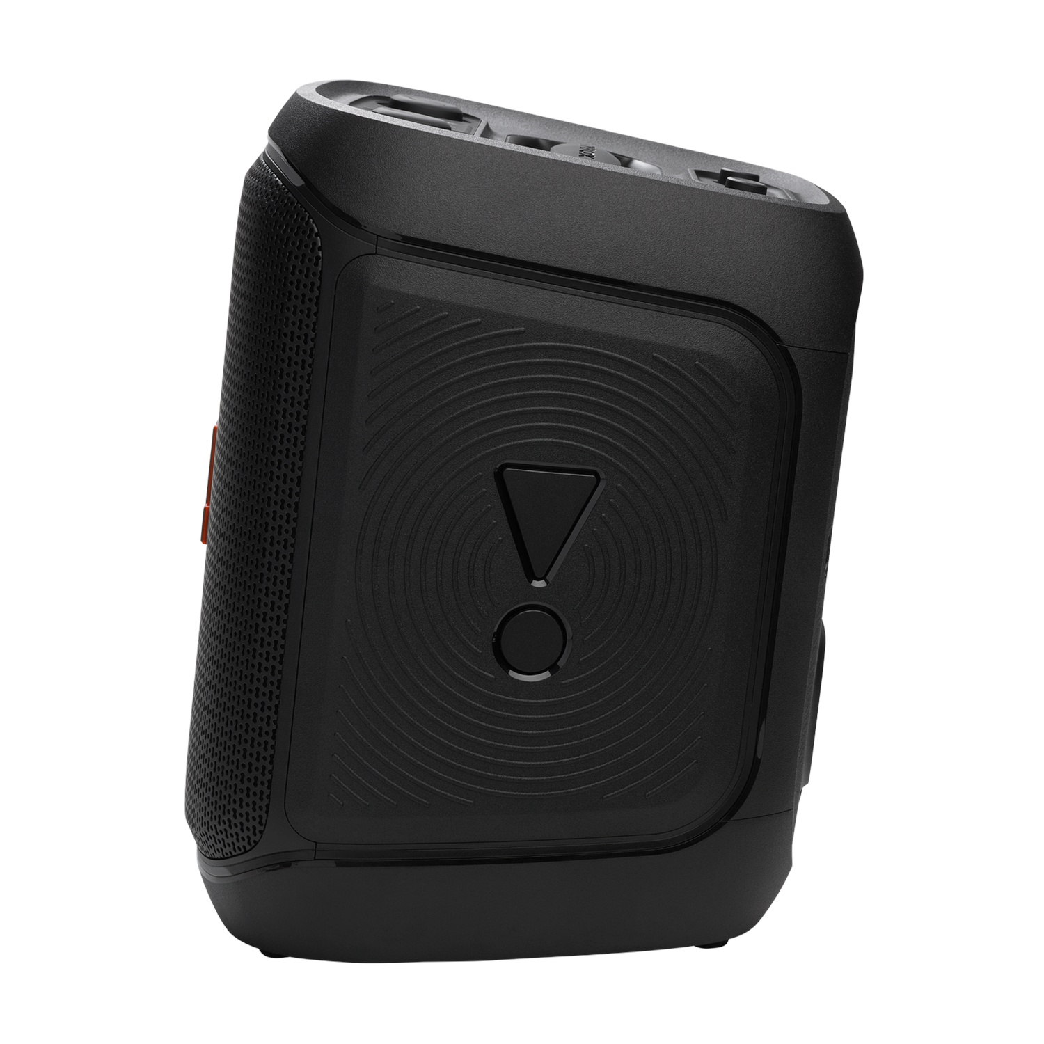 Zwarte draagbare JBL Bluetooth-speaker geïsoleerd op een witte achtergrond.