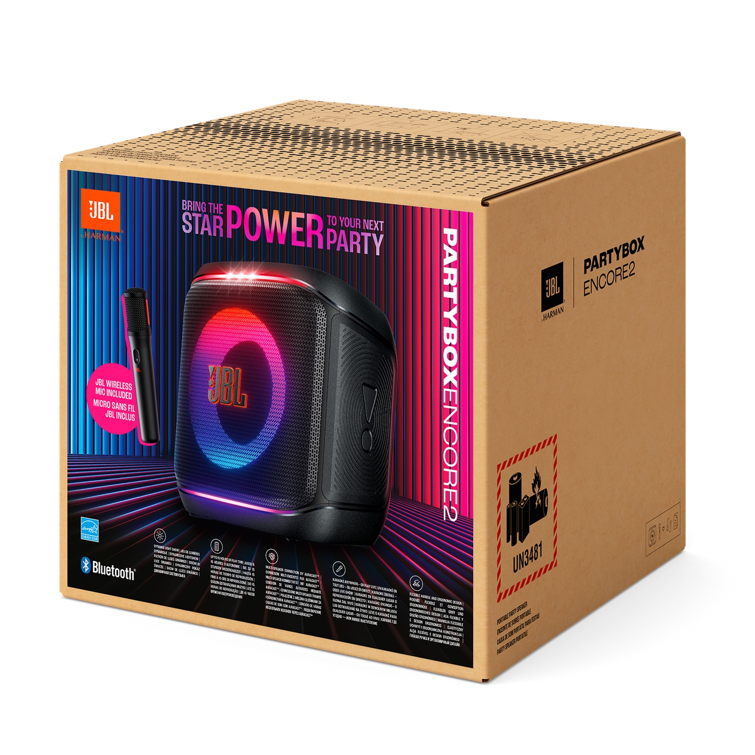 Een JBL PartyBox Encore2 doos toont de luidspreker met gloeiende LED-ringen en een microfoon.