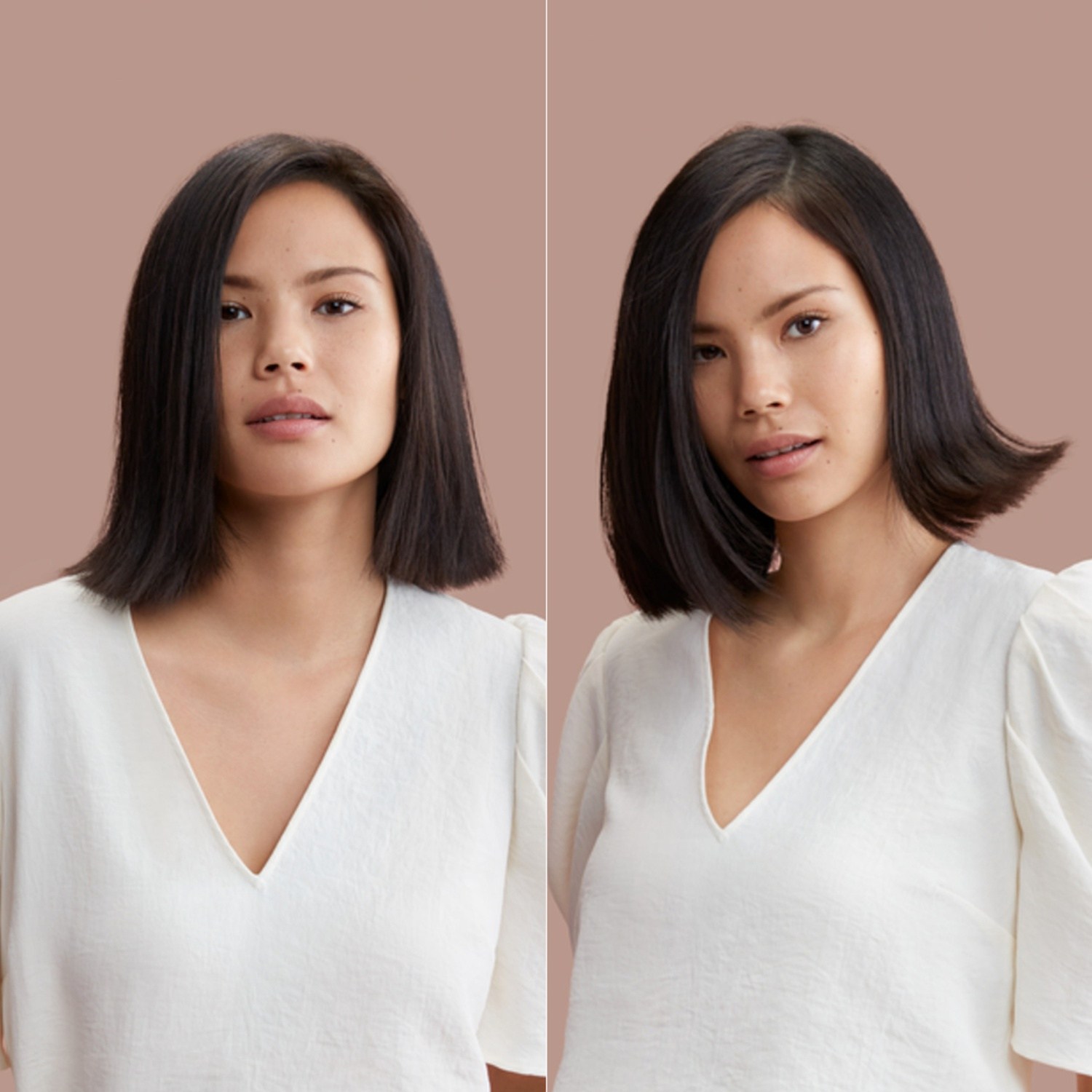 Woman with dark bob and white V-neck top against a neutral background in two views.