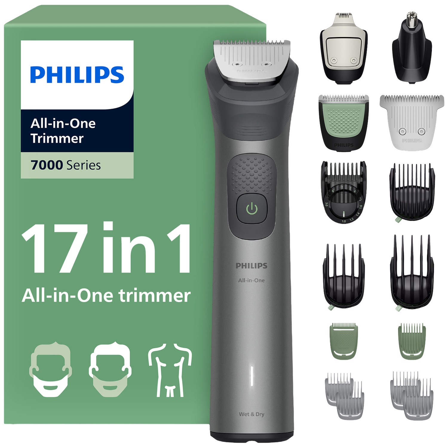 Tondeuse tout-en-un Philips Série 7000 avec boîte verte et accessoires à droite.