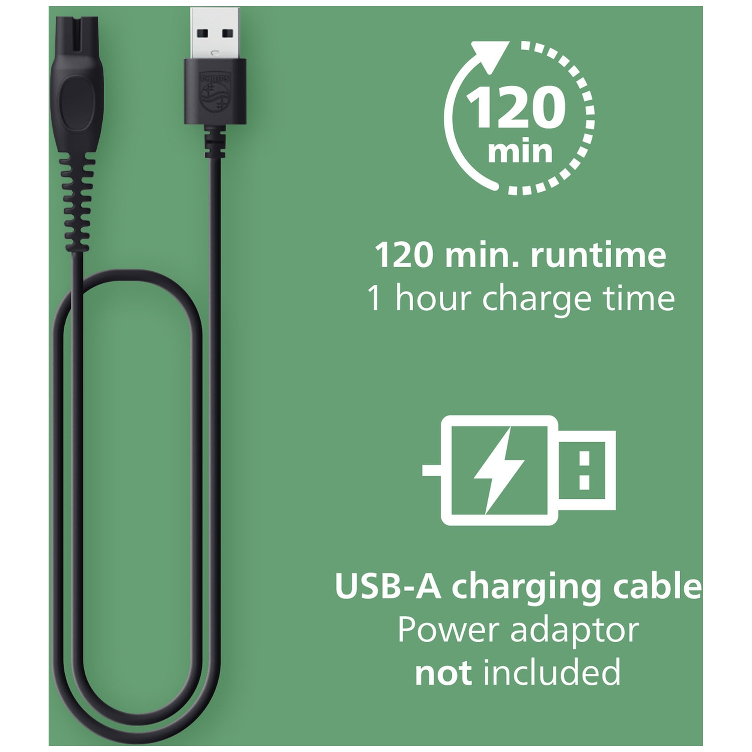 Câble de charge USB-A noir, 120 min d'autonomie, 1 heure de charge.