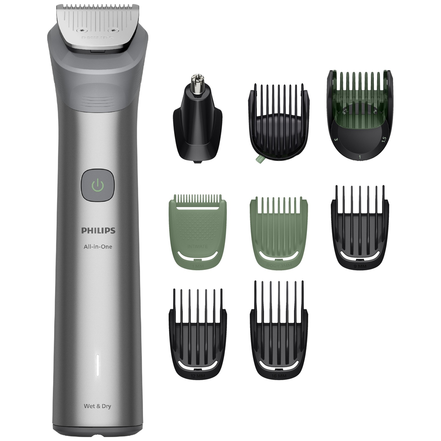 Grey Philips All-in-One Wet and Dry trimmer with eight various black and green attachments on a white background.