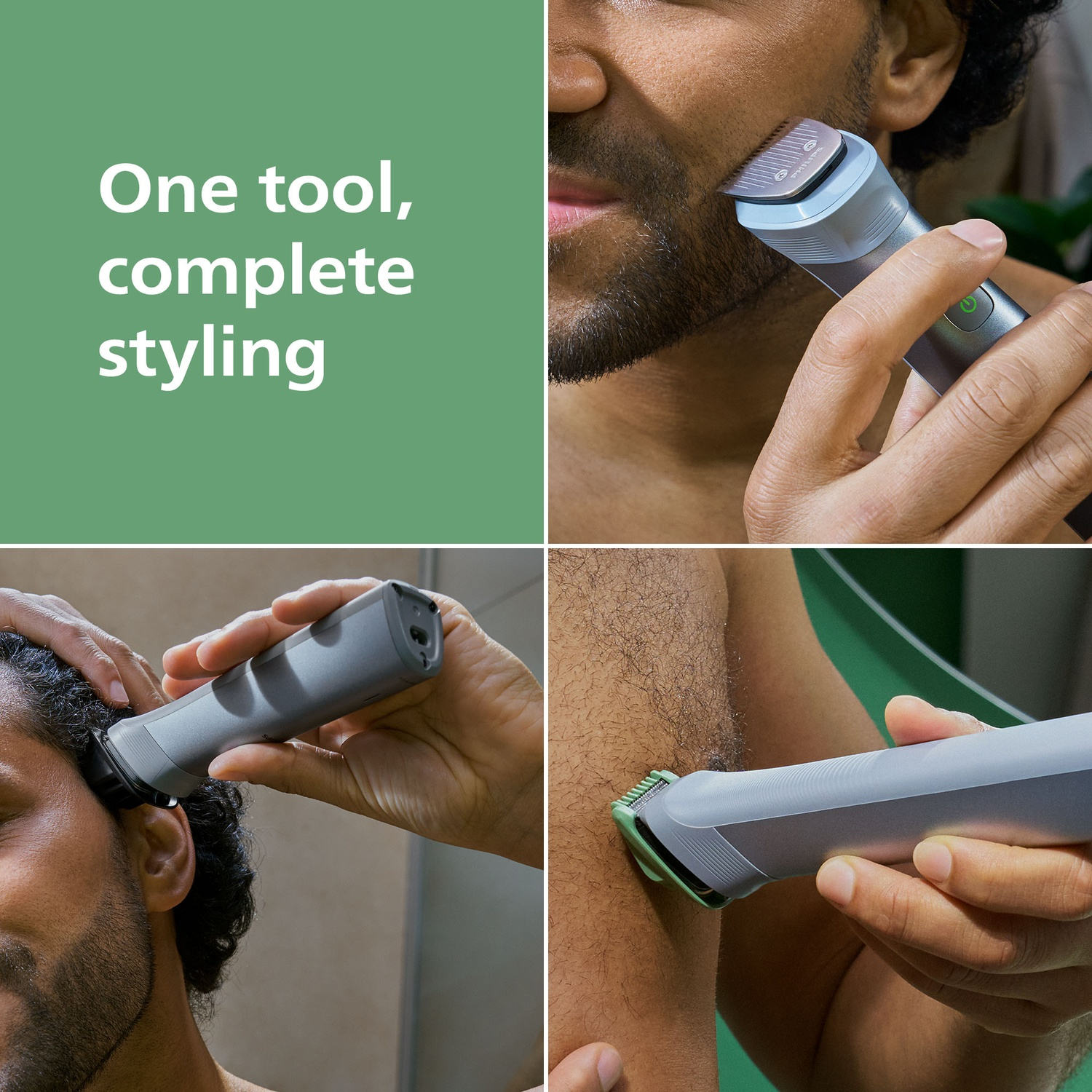 Four panels show a shaver being used on a man's face, head, and body, alongside text.