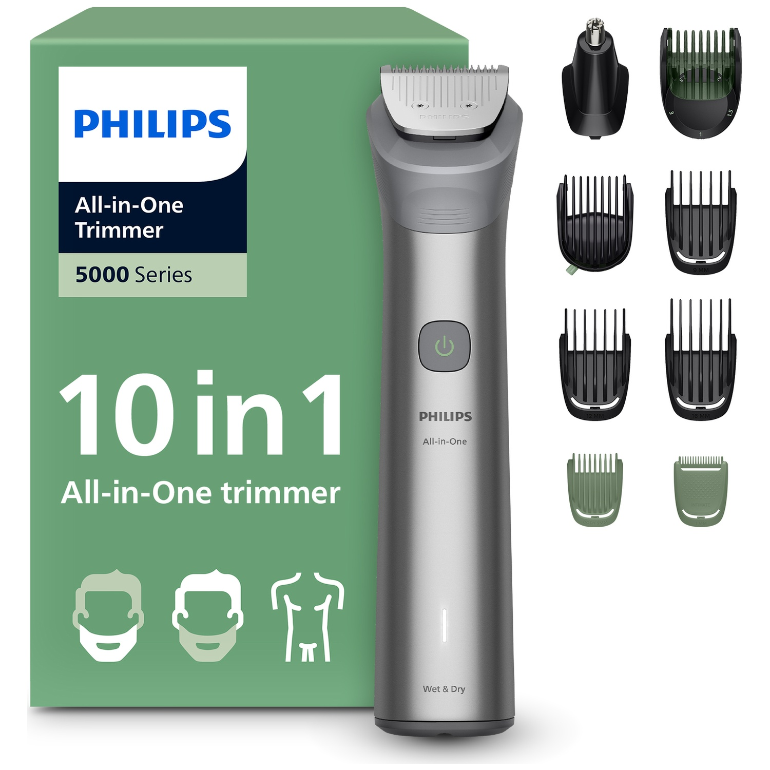 Philips 10-in-1 All-in-One Trimmer 5000 in grey with green packaging and multiple attachments.