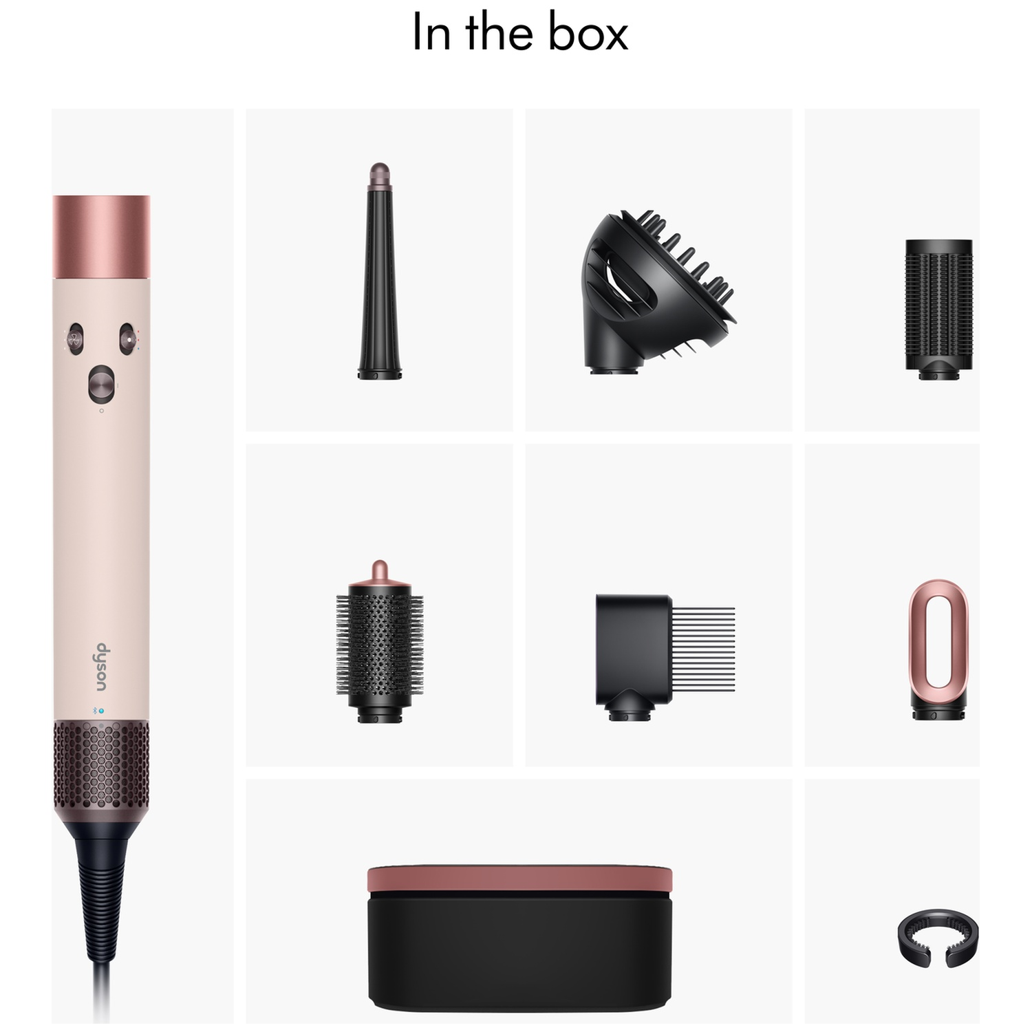 Dyson hair styling tool and its attachments displayed in a grid.