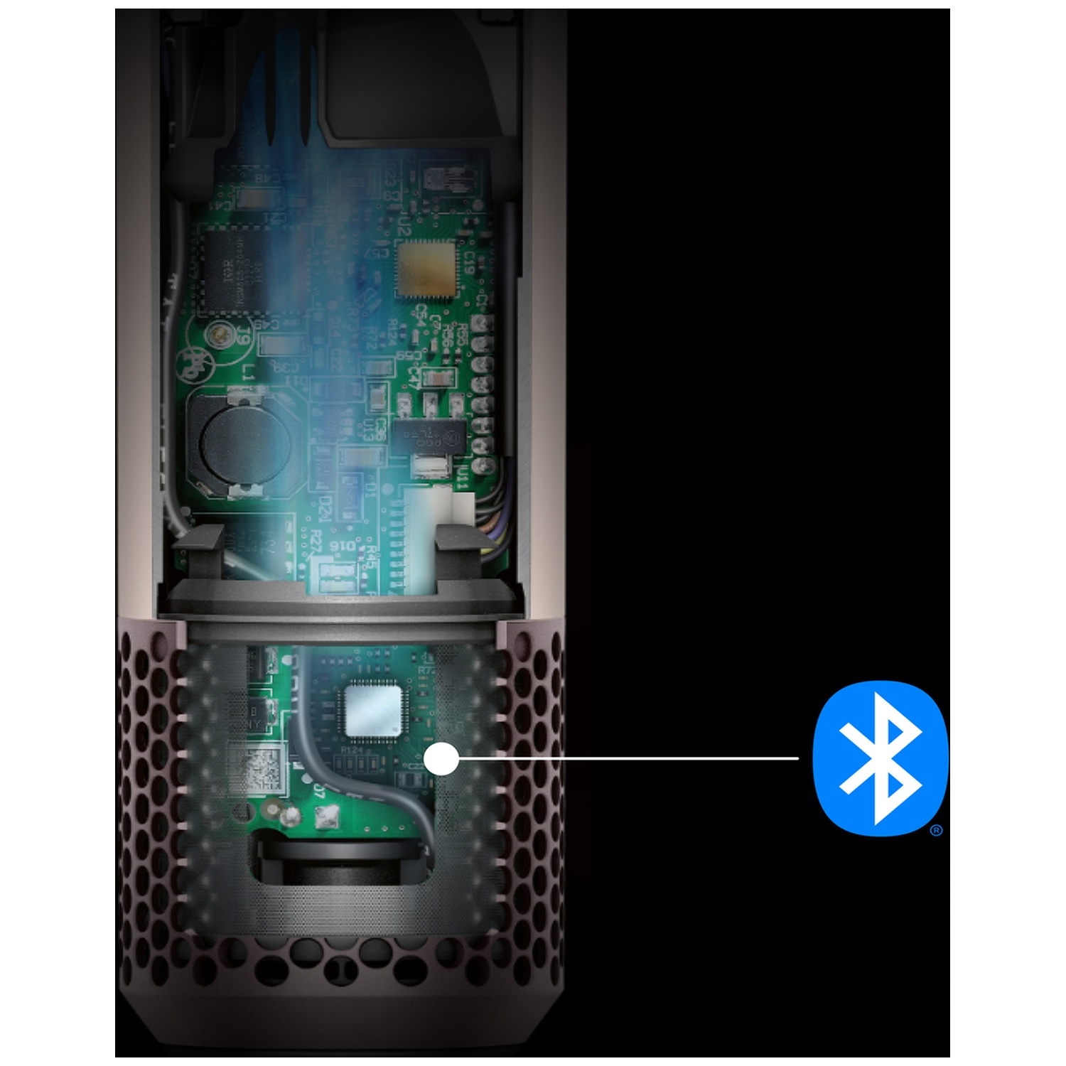 Close-up of a circuit board inside a device, with a blue Bluetooth icon on the right.