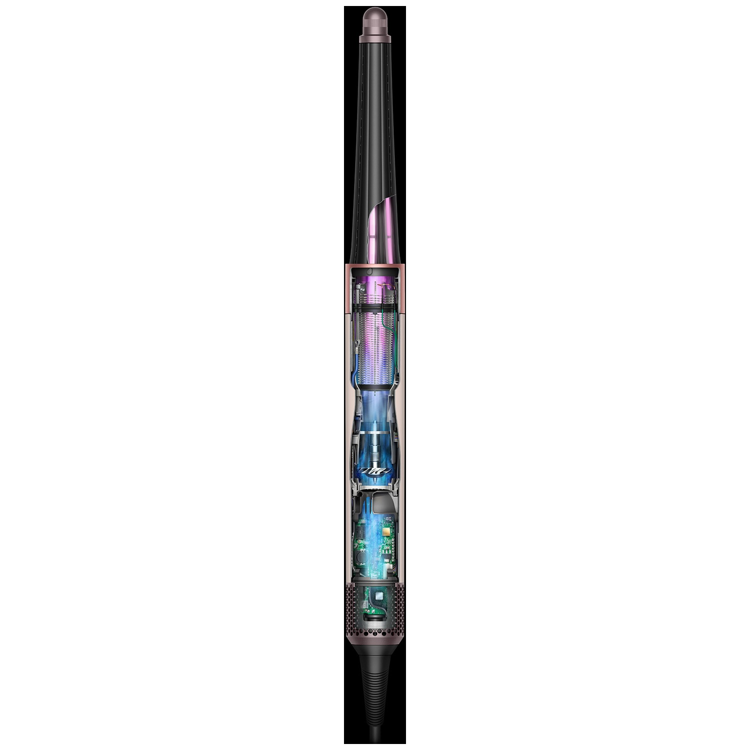 Cross-section view of a long hair styling device, exposing internal motors and circuit boards with blue glow.