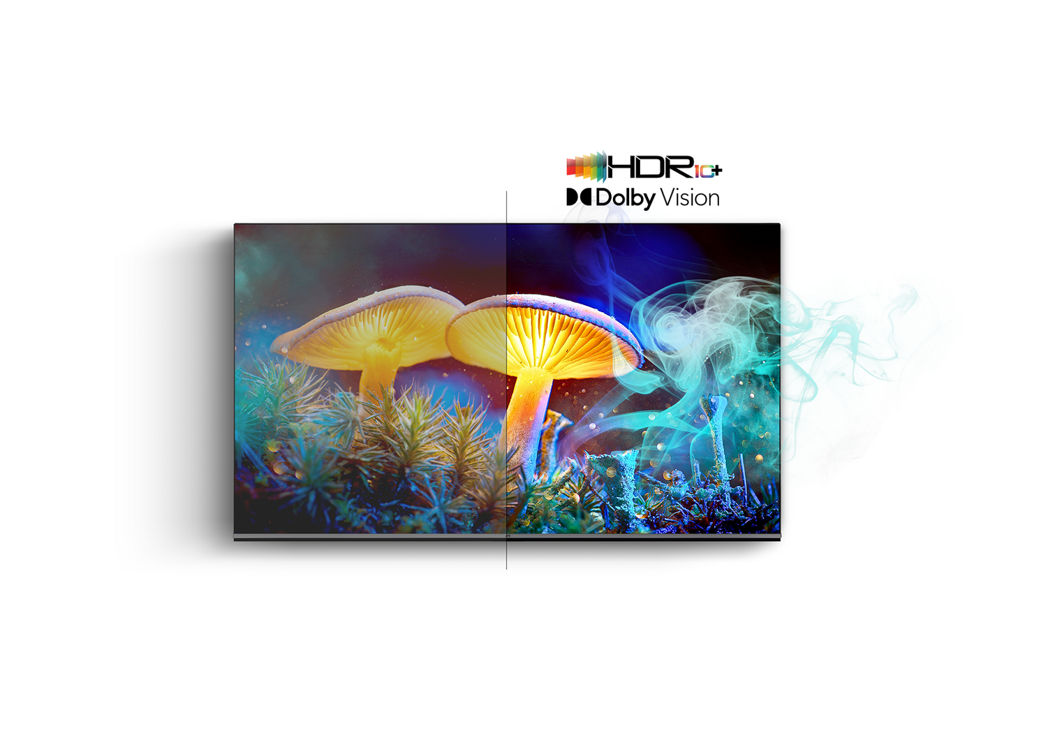 Egy tévé világító gombákat mutat HDR10+ és Dolby Vision logókkal.