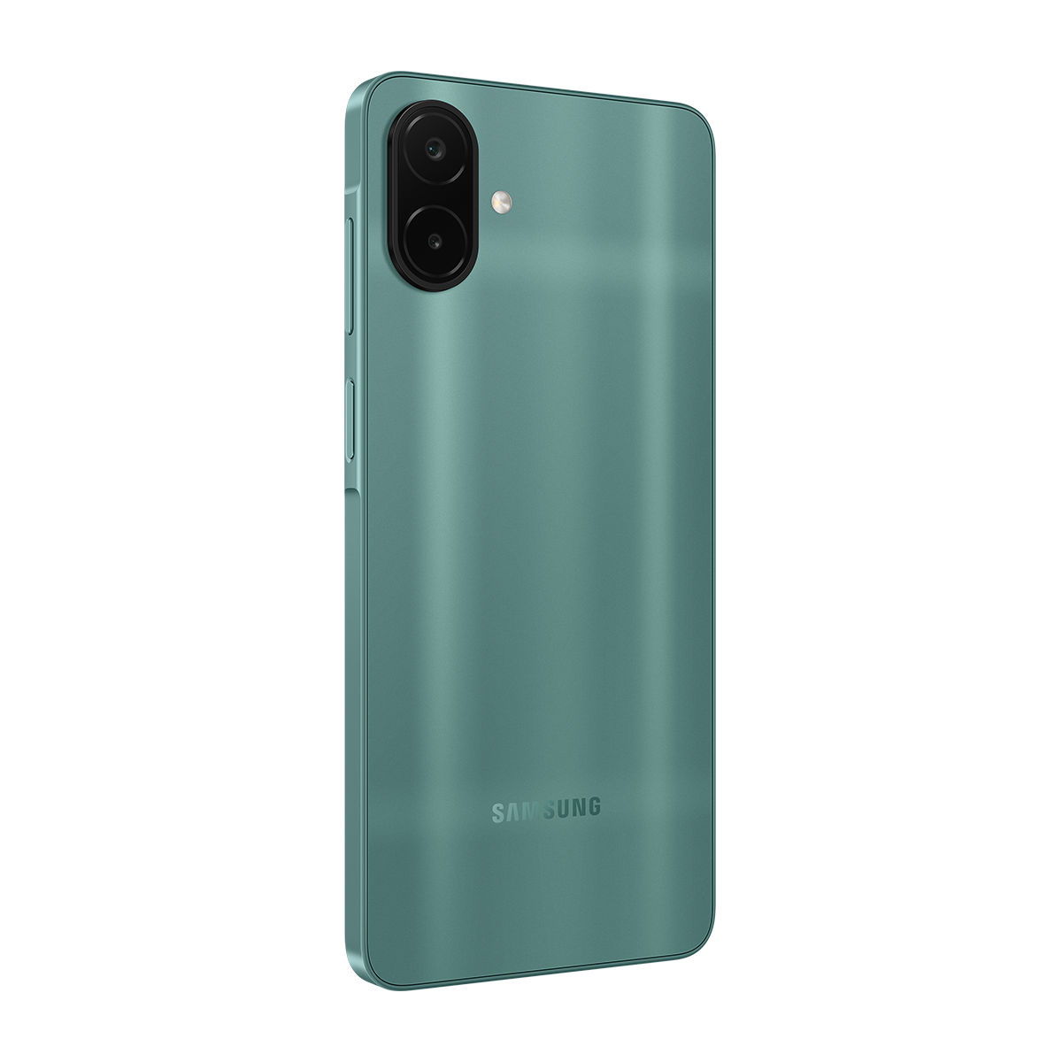 Siyah arka plan üzerinde dikey çift kameralı nane yeşili bir Samsung akıllı telefonun arkası.