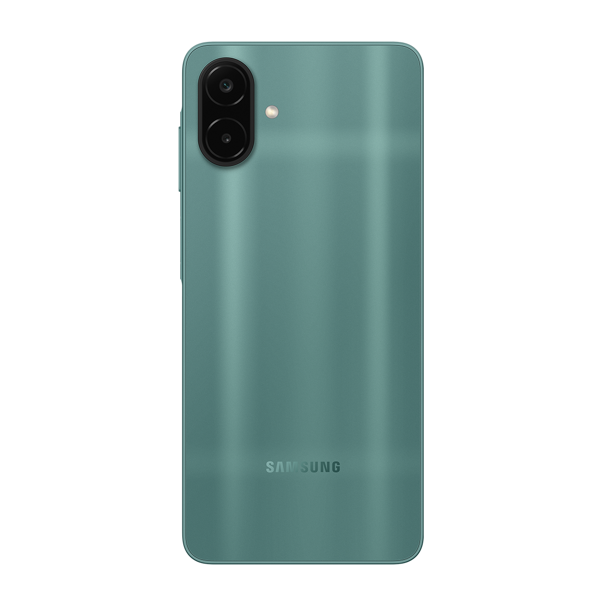 Siyah arka plan üzerinde dikey çift kameraya ve LED flaşa sahip açık yeşil renkli bir Samsung akıllı telefonun arkası.