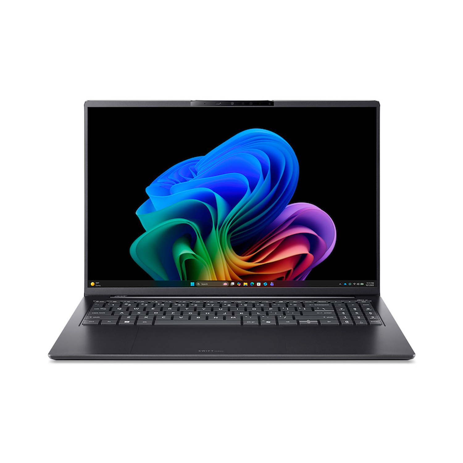 Un computer portatile nero mostra un motivo a onde colorate sullo schermo e ha una tastiera completa.