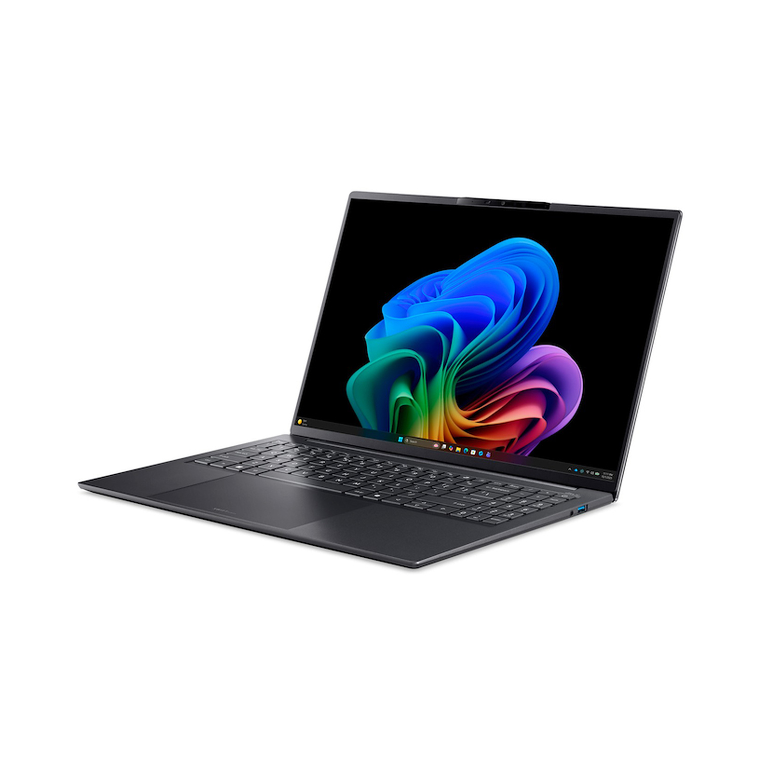 Un laptop nero su sfondo bianco mostra una grafica astratta colorata e vorticosa sullo schermo.