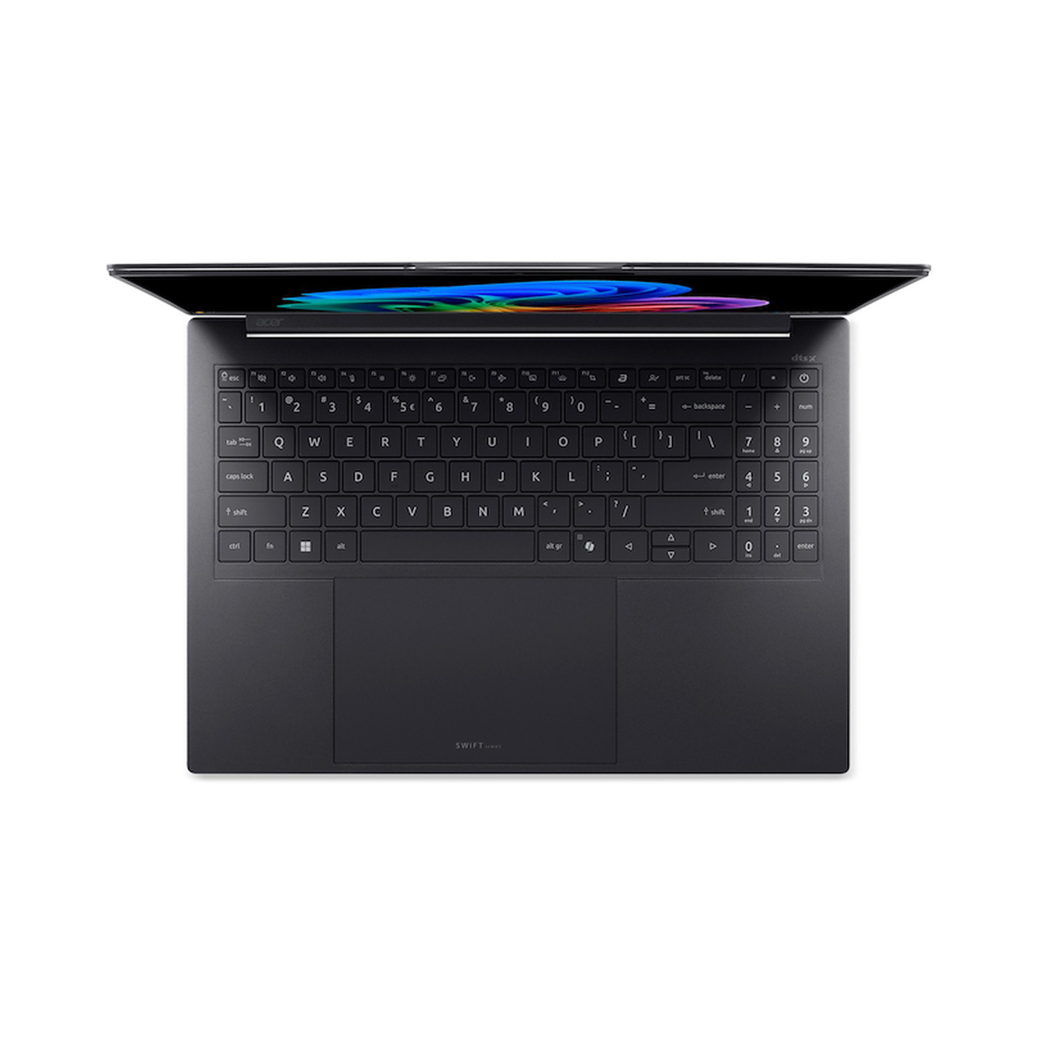 Vista dall'alto di un laptop nero con schermo illuminato e tastierino numerico.
