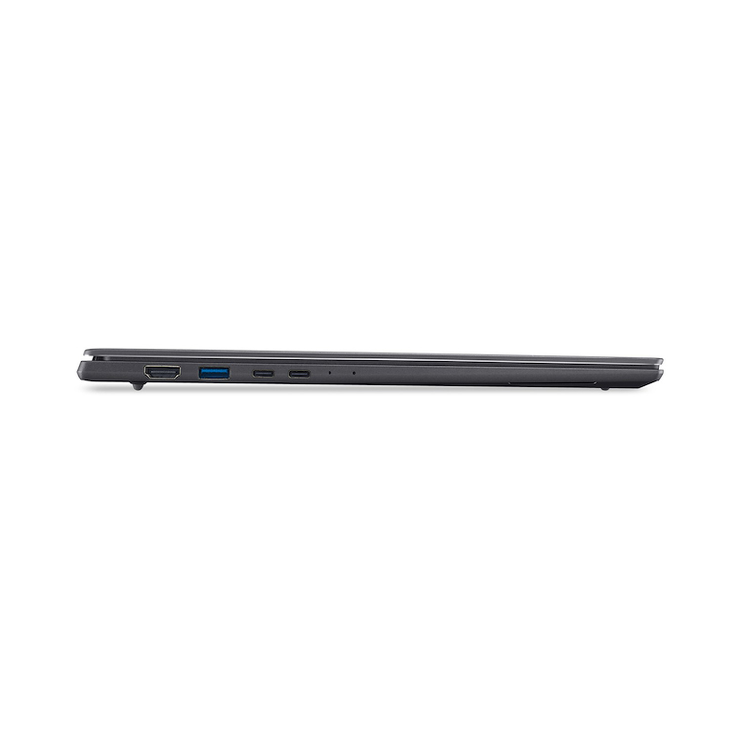 Vista laterale di un laptop sottile grigio scuro con porte HDMI e USB-C.