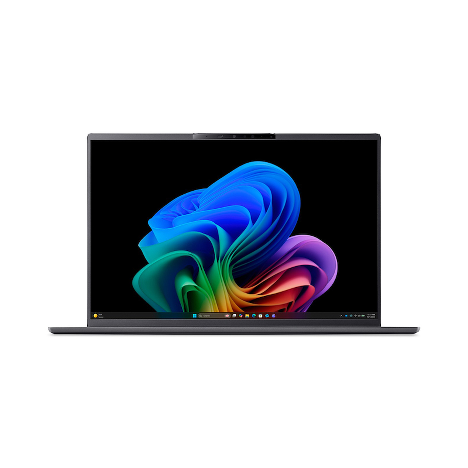 Un computer portatile aperto che mostra uno sfondo astratto colorato e vorticoso sullo schermo su sfondo bianco.