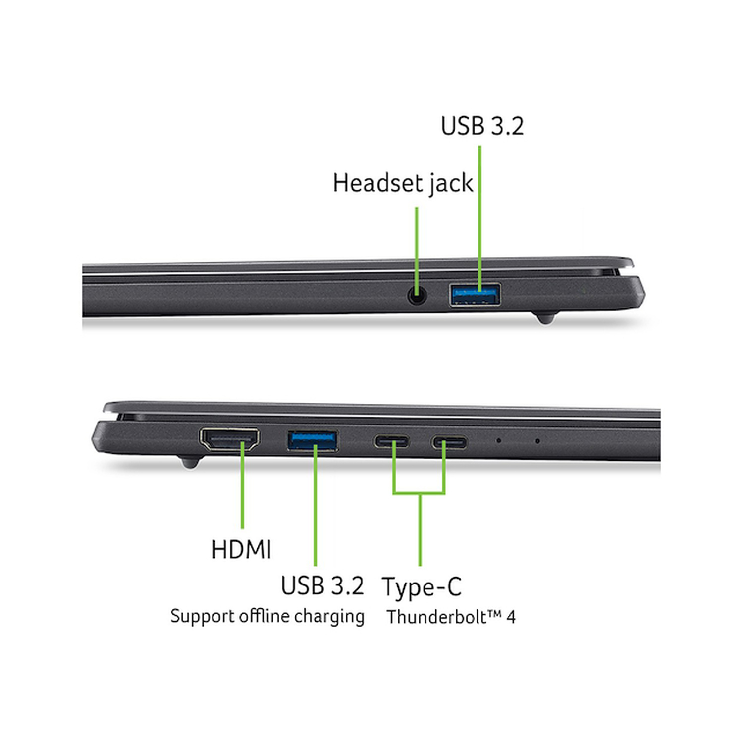 Vista laterale del laptop con porte: HDMI, USB 3.2, Type-C Thunderbolt 4 e jack per cuffie.