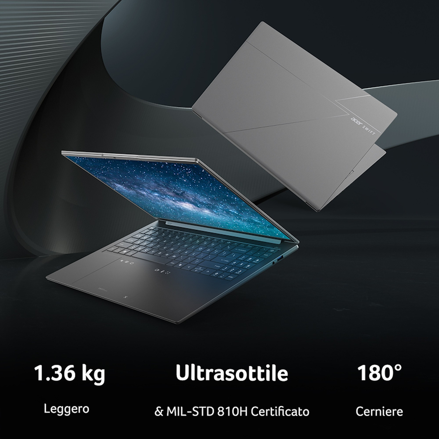 Laptop Acer Swift grigio su sfondo nero con specifiche tecniche.