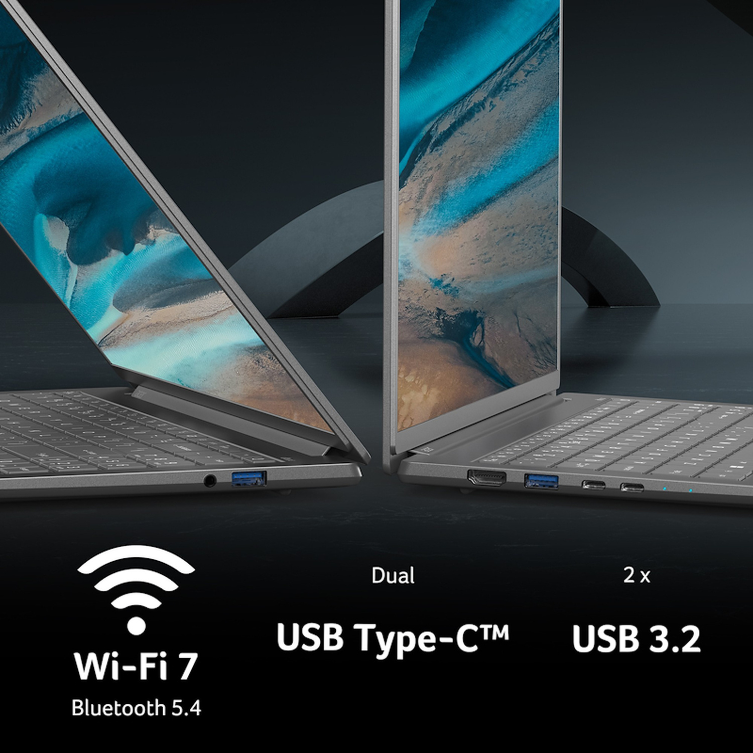 Laptop grigi che mostrano porte, Wi-Fi 7 e Bluetooth 5.4.