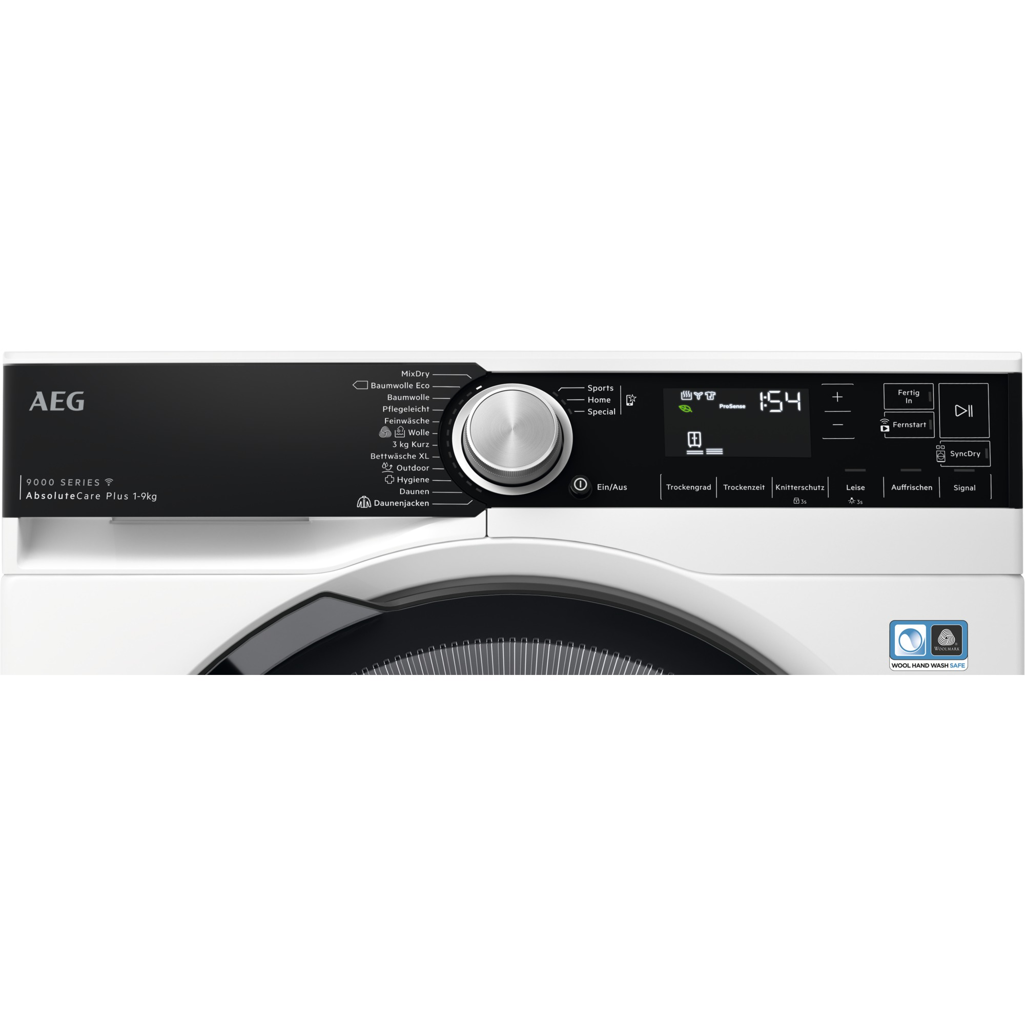 Bedienfeld einer AEG AbsoluteCare Waschmaschine mit Drehregler, Digitaldisplay und Touch-Tasten auf weißem Gehäuse.