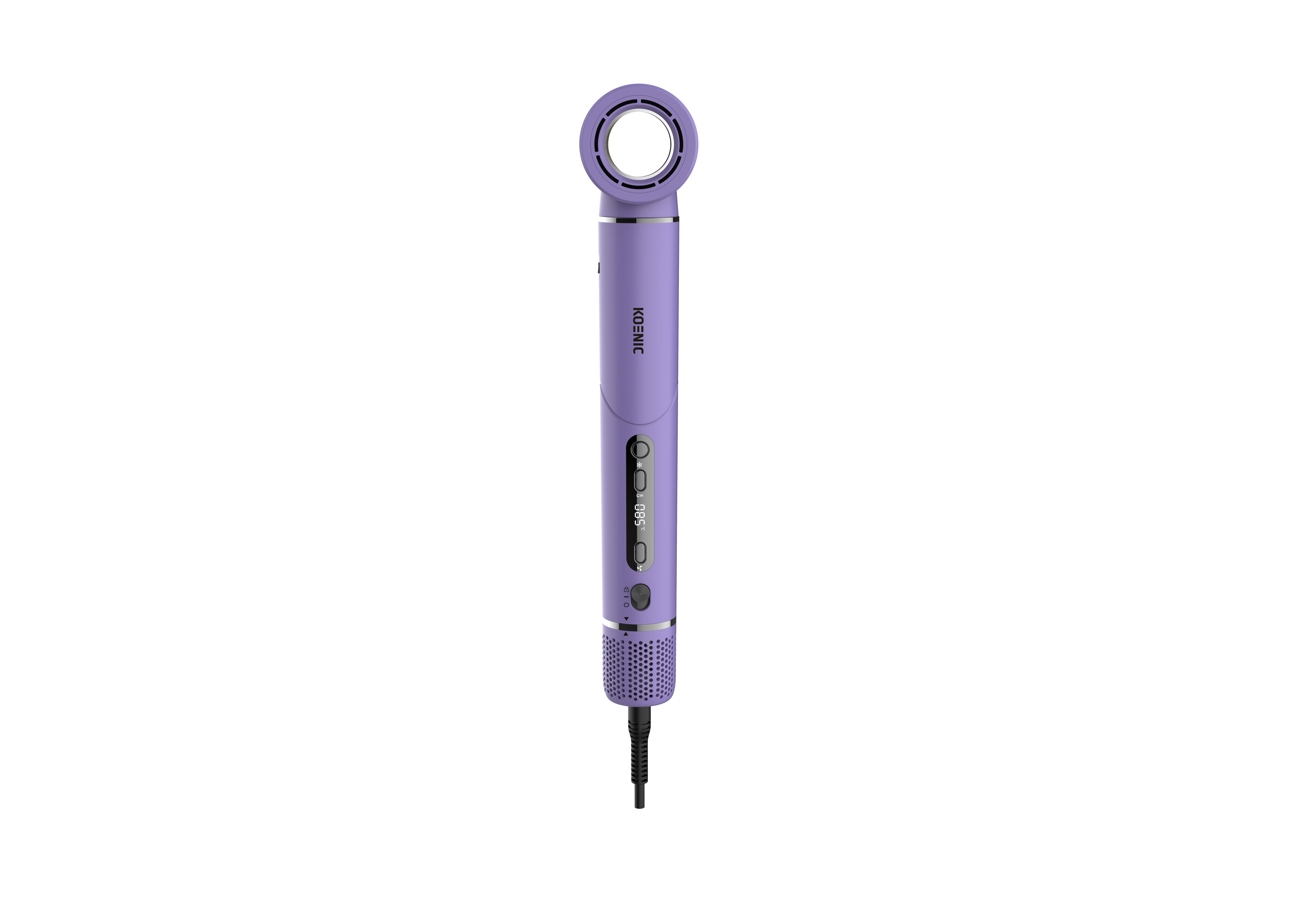 Lila Haarstyler mit digitalem Display und Ringkopf auf schwarzem Hintergrund.