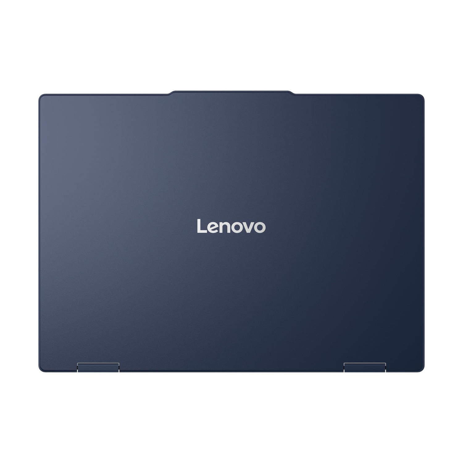 Il coperchio chiuso e blu scuro di un computer portatile Lenovo con un logo argentato centrato.