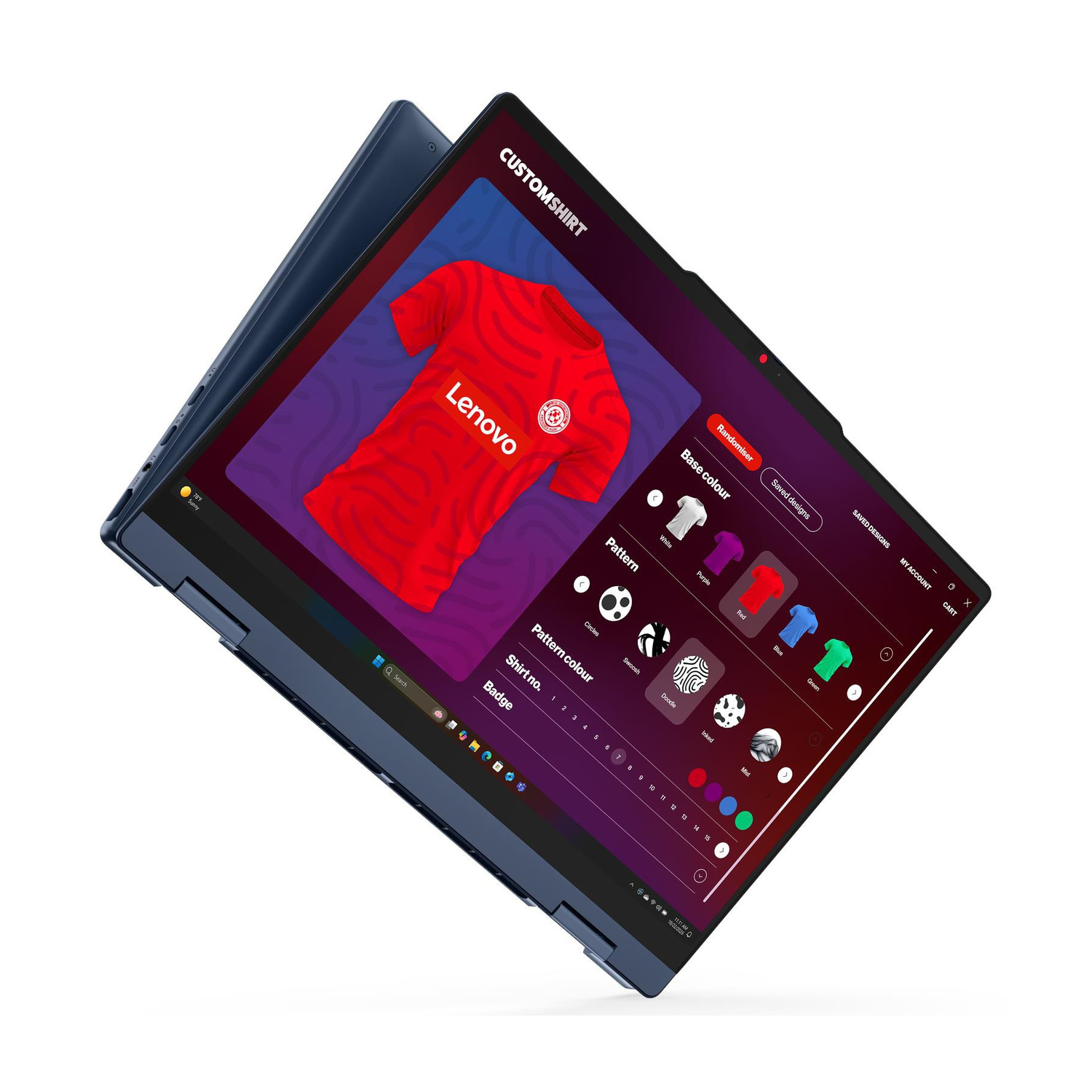 Un computer portatile blu mostra un software di design per magliette con opzioni rosse e fantasia.
