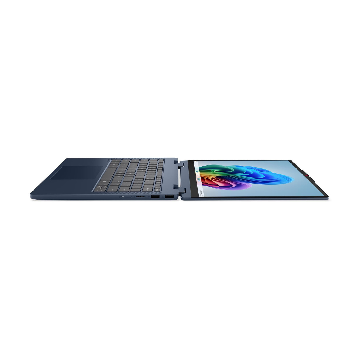 Un computer portatile blu con lo schermo piegato all'indietro mostra uno sfondo astratto colorato.