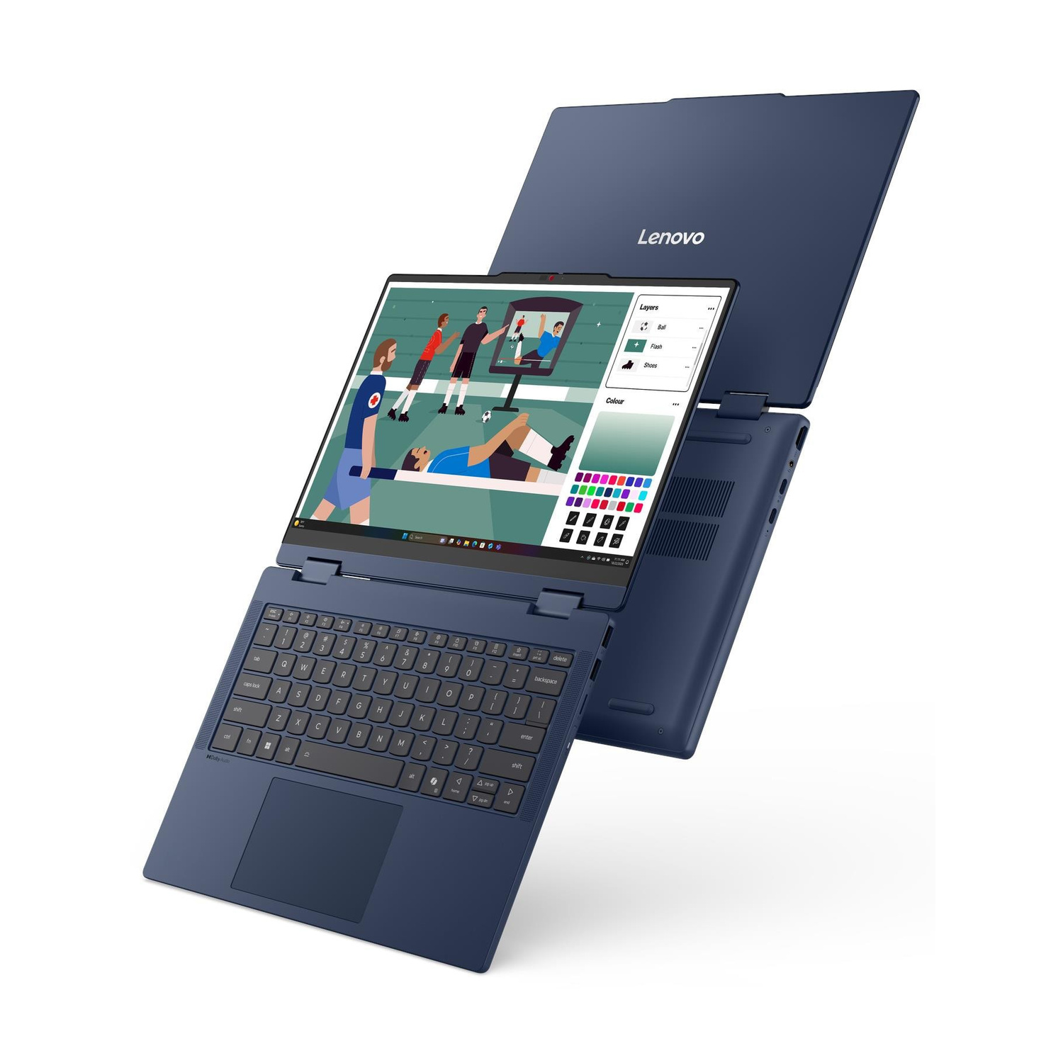 Due laptop Lenovo blu fluttuano, uno mostra grafica sportiva sullo schermo.