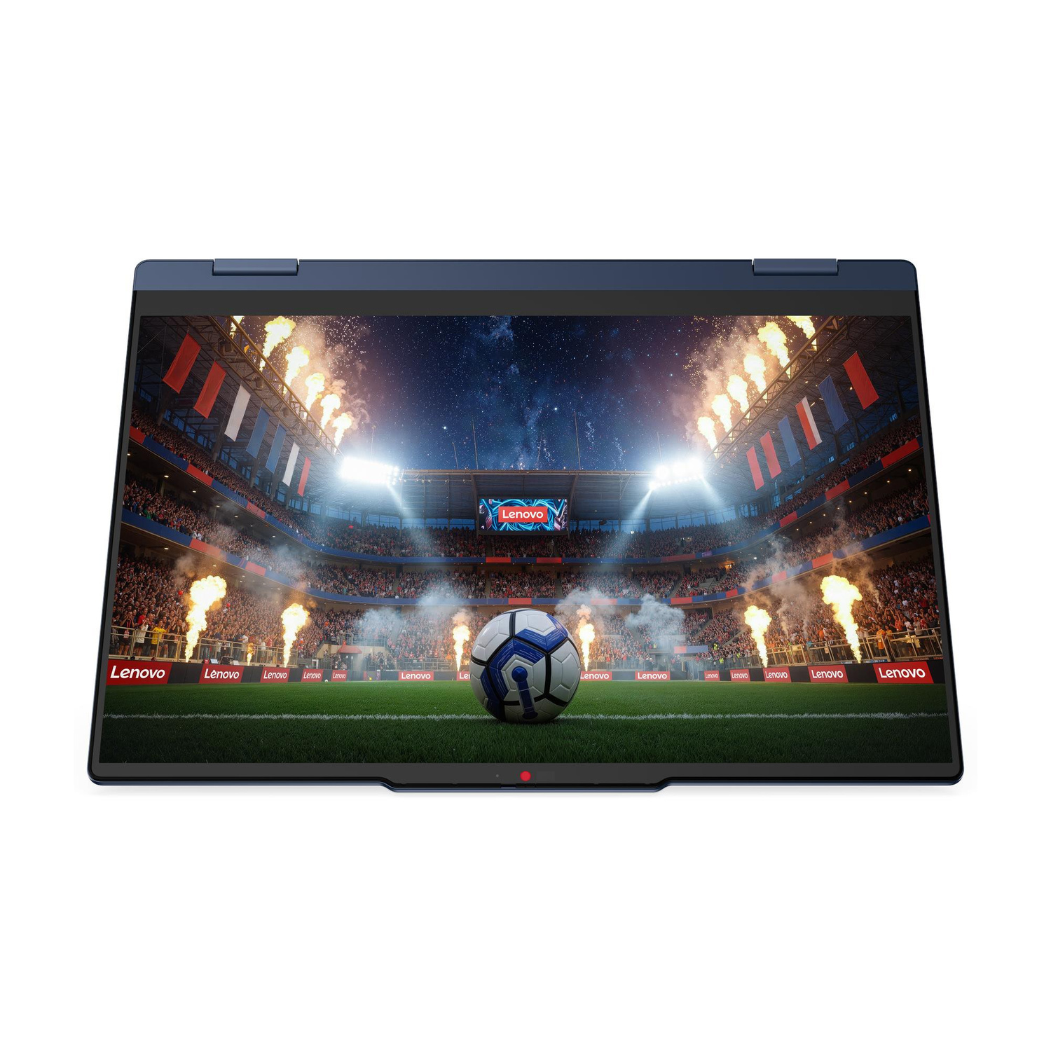 Un laptop Lenovo mostra una partita di calcio in uno stadio illuminato con fuochi d'artificio.