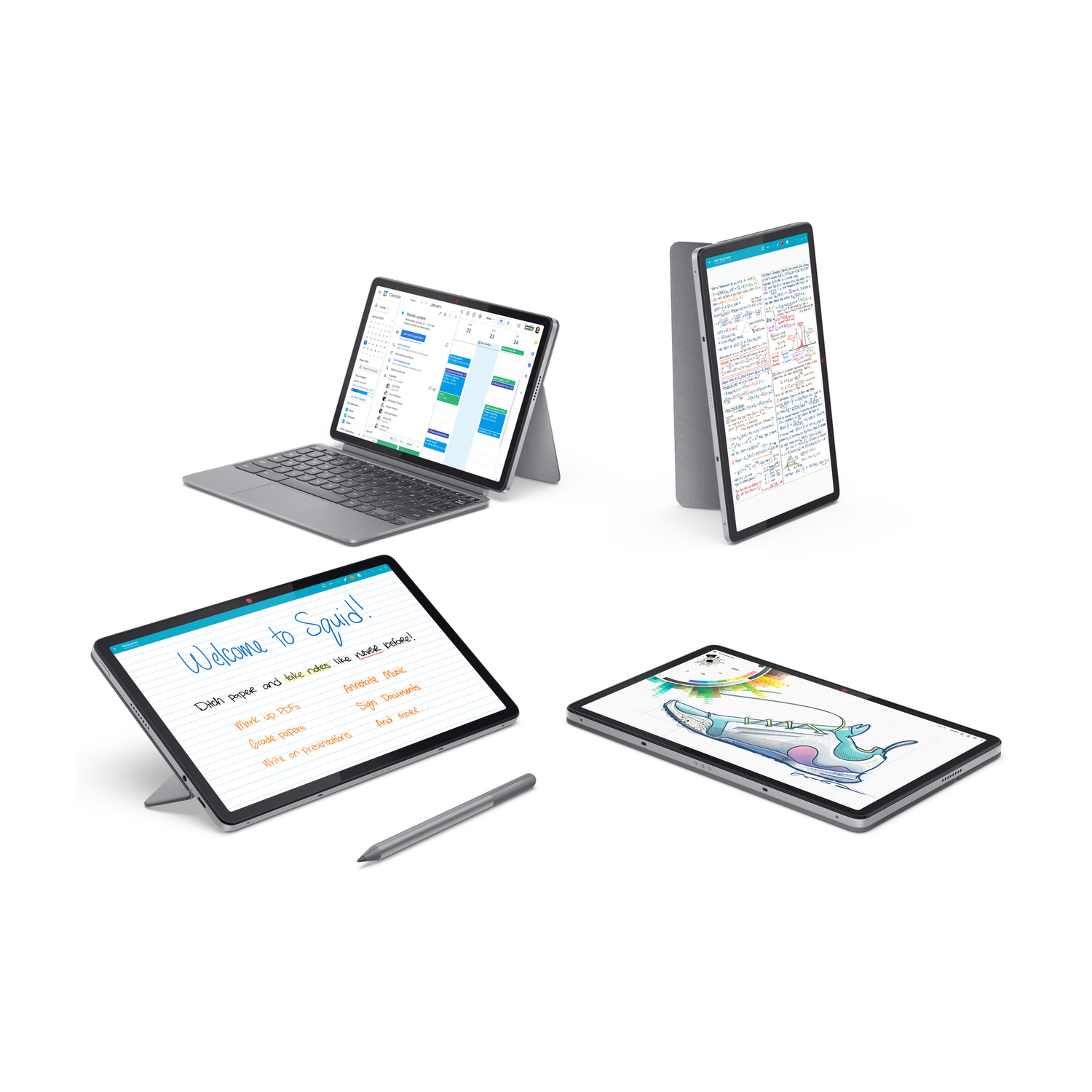 Quattro tablet grigi mostrati da varie angolazioni e modalità con tastiera, stilo e diverse app visualizzate sugli schermi.