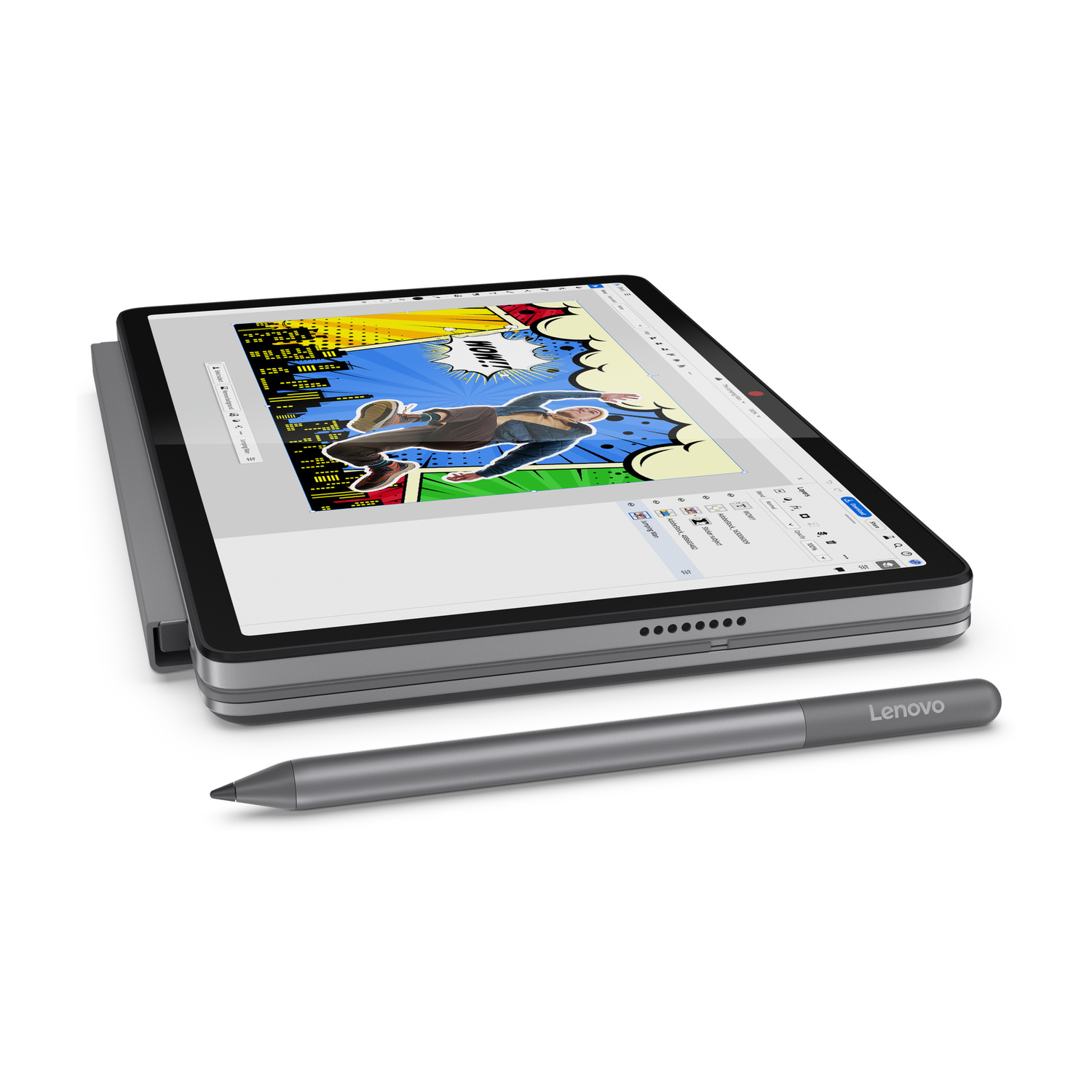 Un tablet Lenovo su sfondo bianco con un fumetto sullo schermo e una penna grigia davanti.