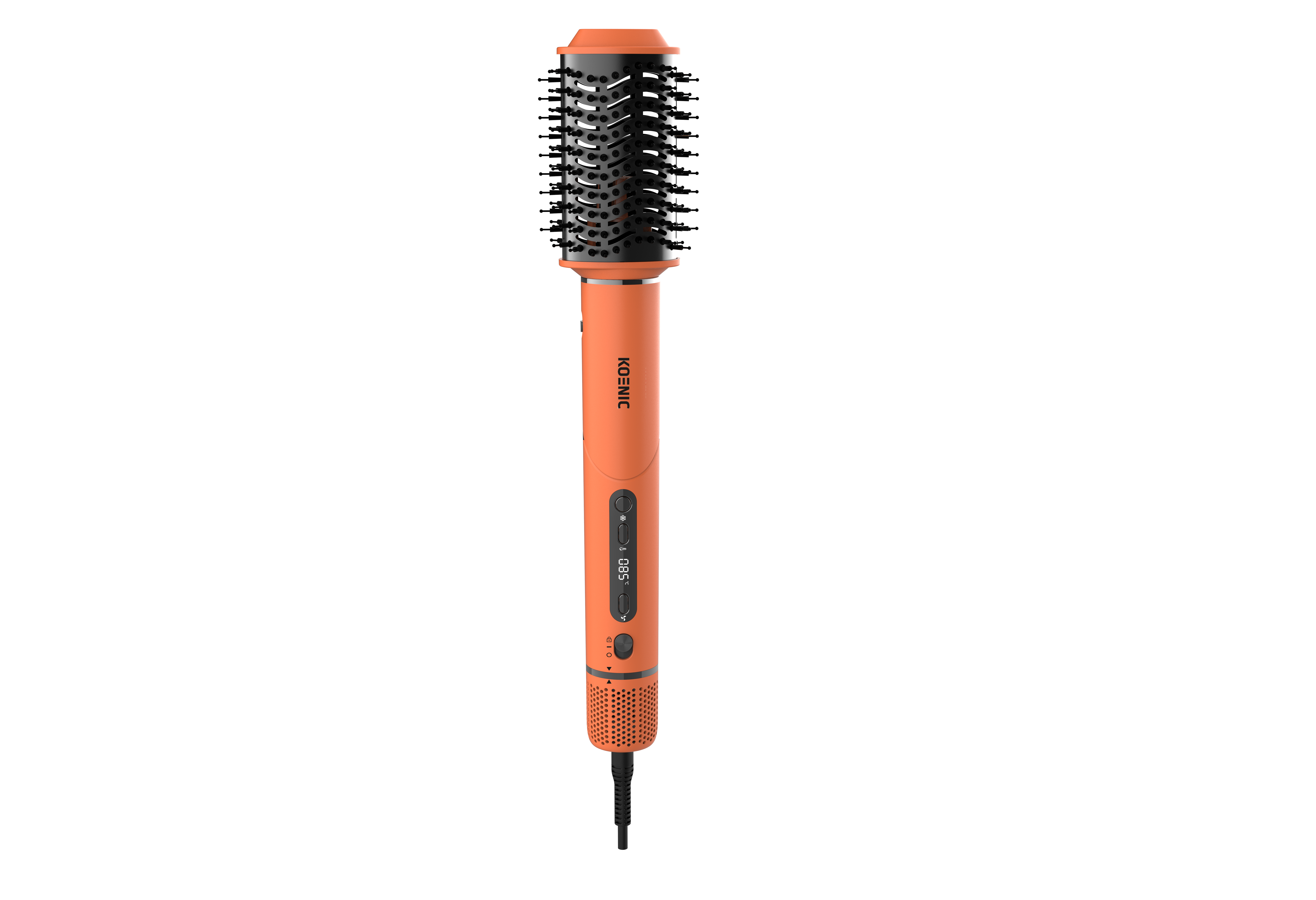 Eine orangefarbene Warmluftbürste mit schwarzem Bürstenkopf und digitaler Temperaturanzeige auf einem schwarzen Hintergrund.