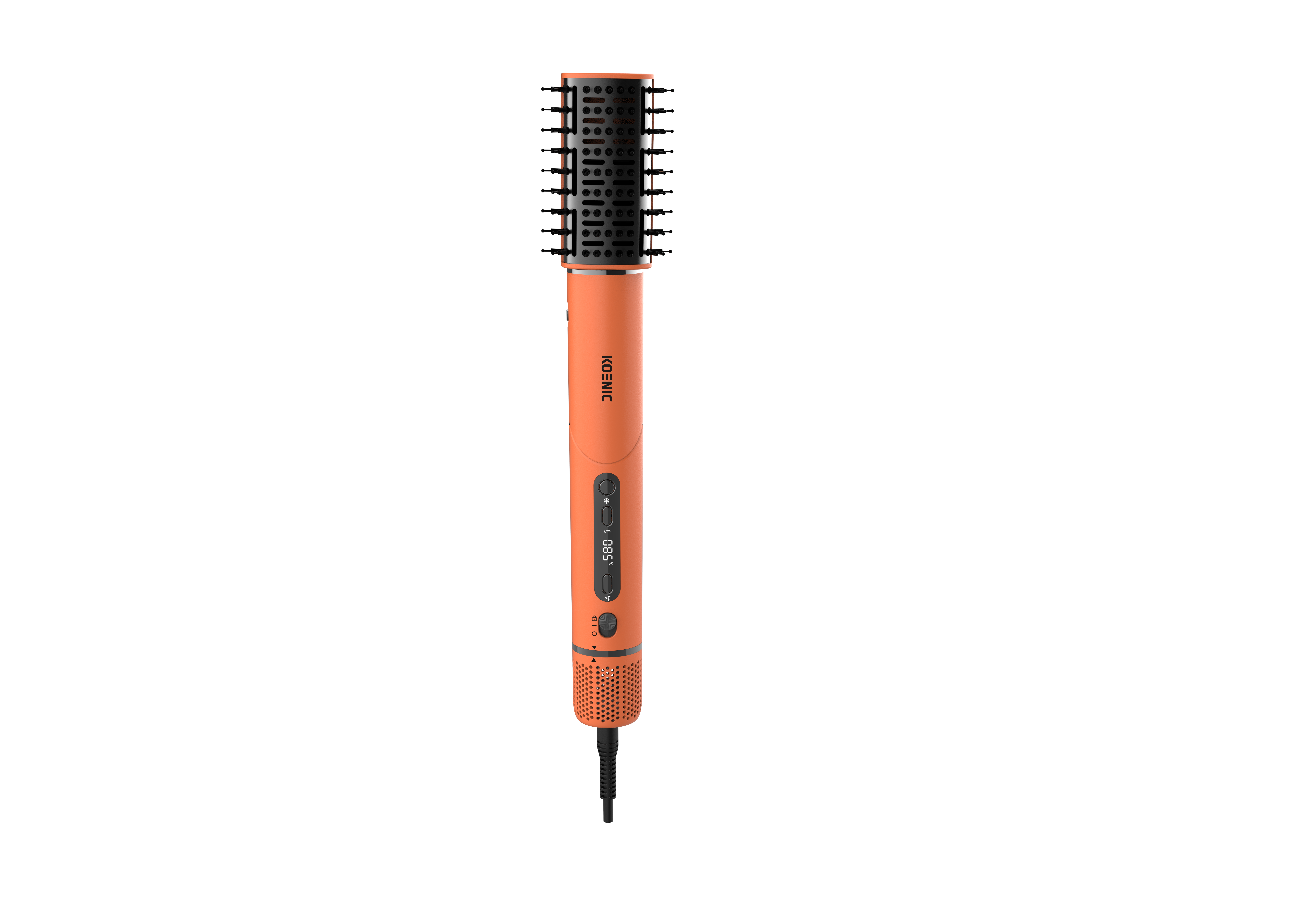 Oranger Haarstyler mit digitaler Anzeige und schwarzen Borsten auf schwarzem Hintergrund.