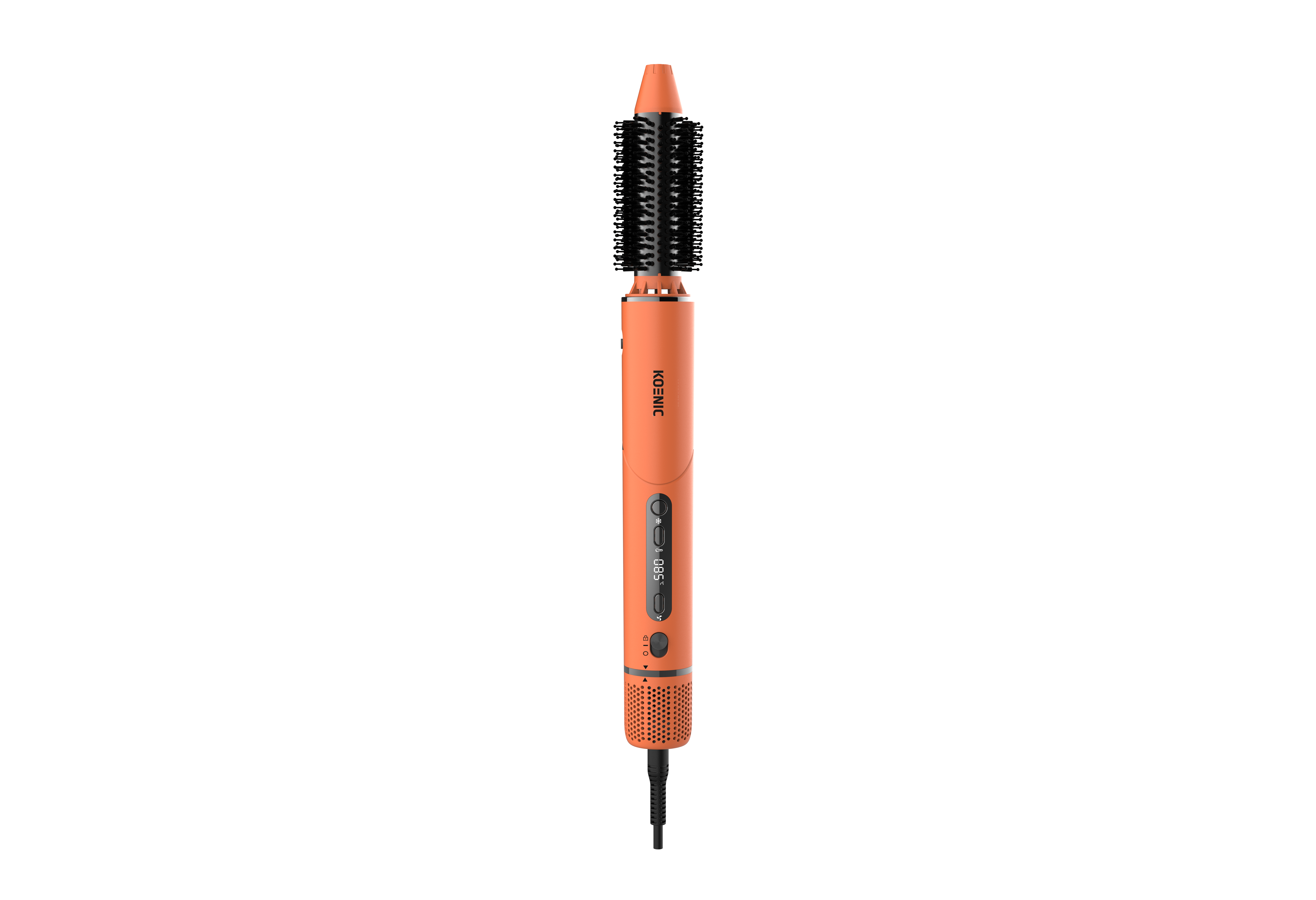 Ein orangefarbener Heißluftstyler von Koenic mit schwarzem Bürstenaufsatz und digitalen Bedienelementen vor schwarzem Hintergrund.
