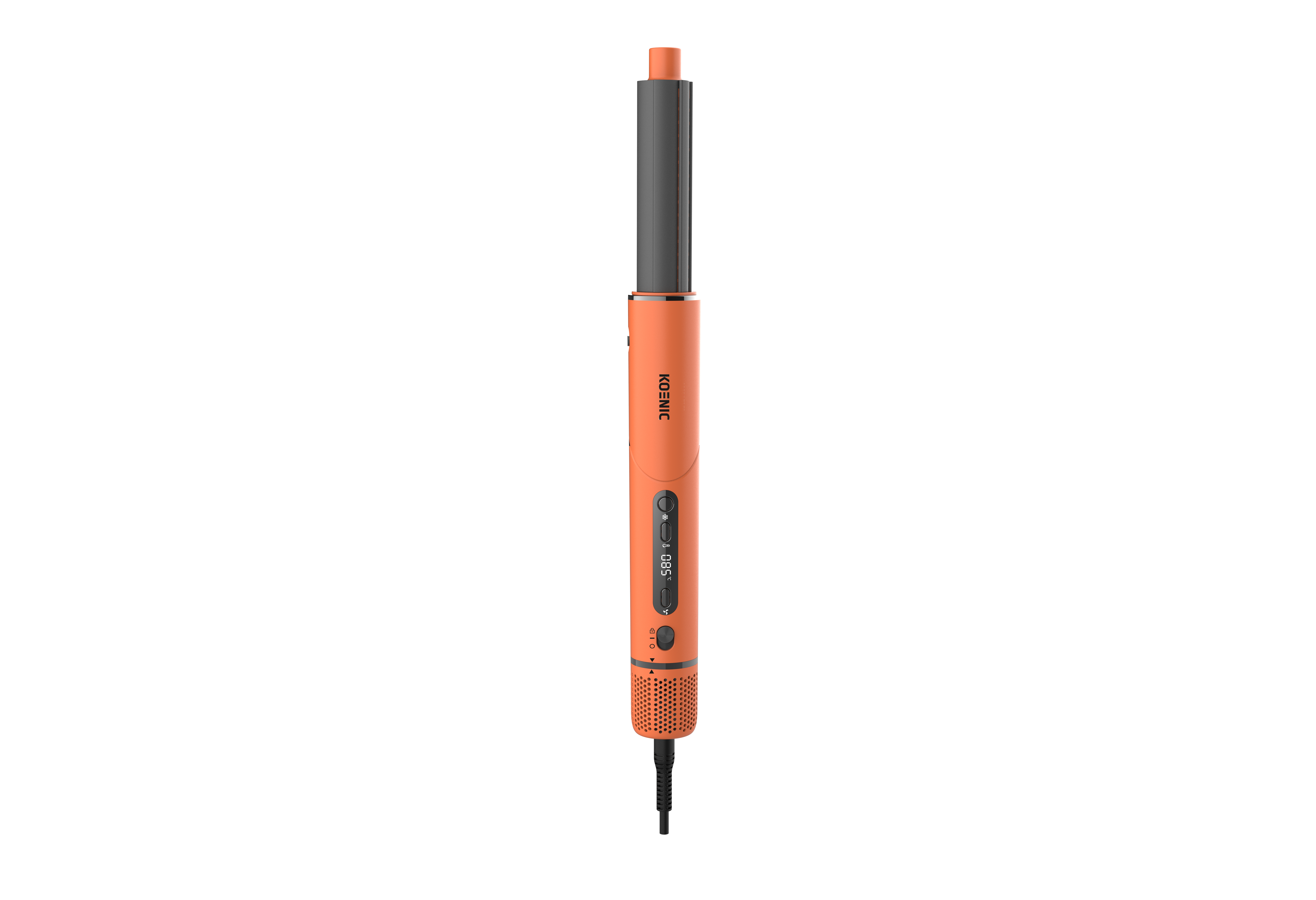 Ein orangener Lockenstab mit digitalem Display und schwarzem Griff, stehend vor schwarzem Hintergrund.