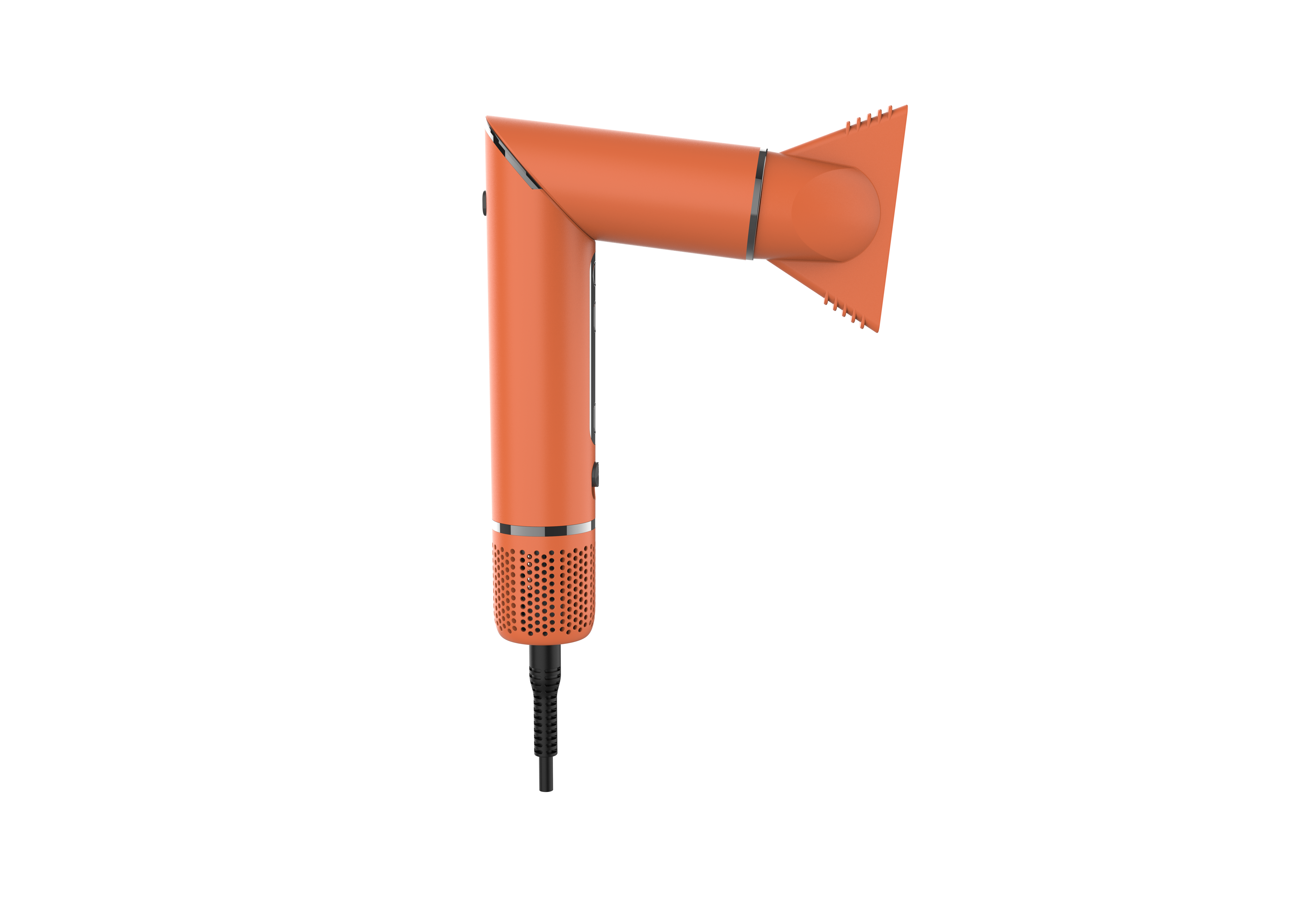 Ein moderner, orangefarbener Klapphaartrockner mit schwarzem Kabel vor schwarzem Hintergrund.