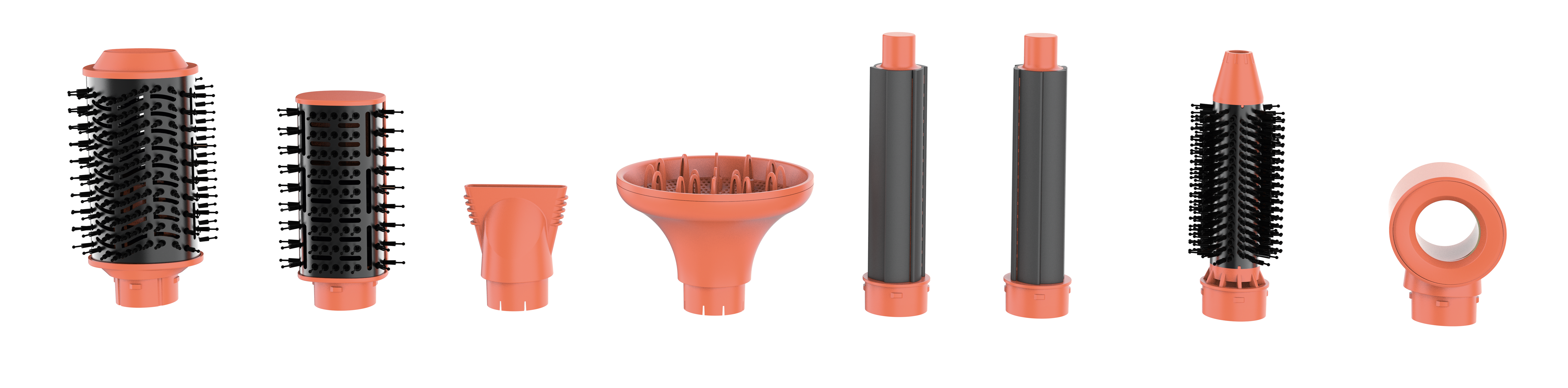 Verschiedene orange und schwarze Haartrockneraufsätze und -bürsten auf schwarzem Hintergrund.