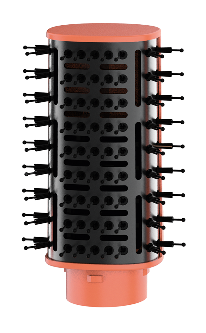 Eine zylindrische, orange-schwarze Haarbürste mit vielen schwarzen Borsten auf schwarzem Hintergrund.