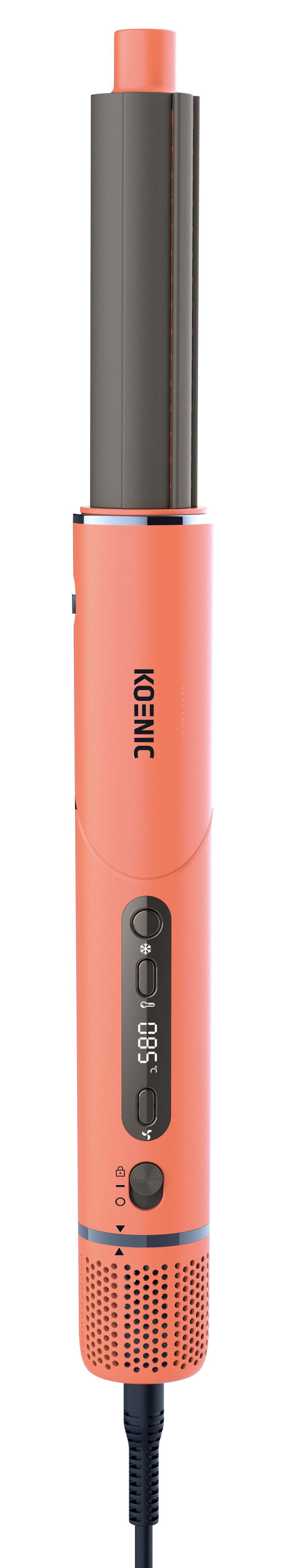 Ein senkrechter, orangeroter Styler von Koenic auf schwarzem Hintergrund mit Display und Knöpfen.