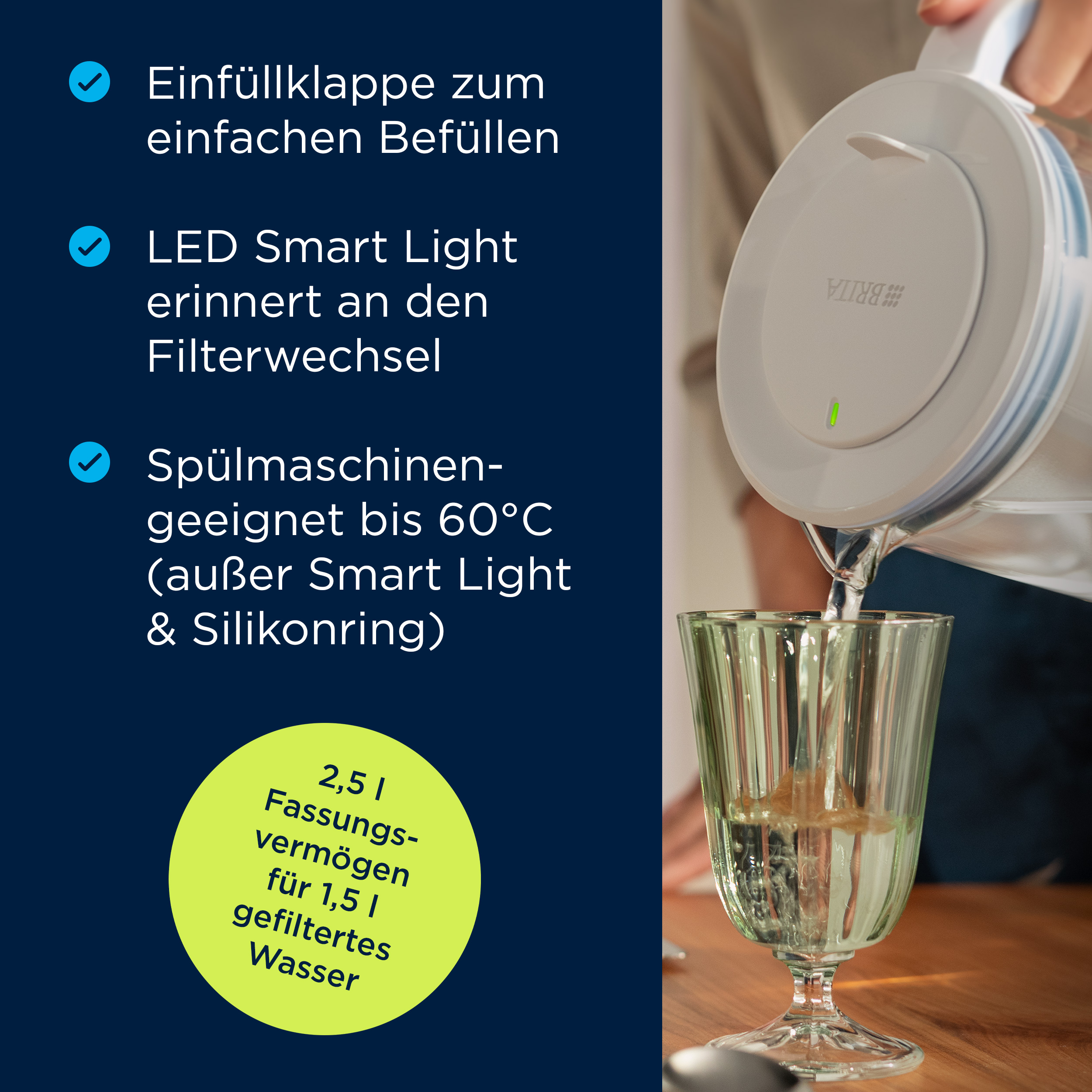 Wasserfilterkanne gießt Wasser in ein Glas, mit deutscher Produktinformation links.
