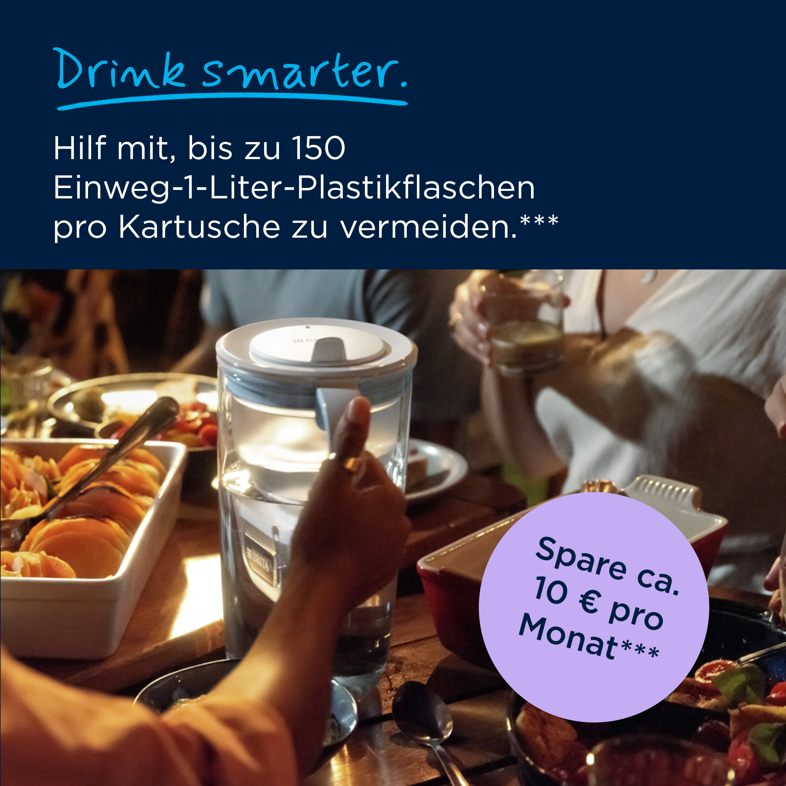 Ein Wasserfilterkrug auf einem Esstisch mit deutschem Text oben und einem lila Spar-Kreis.