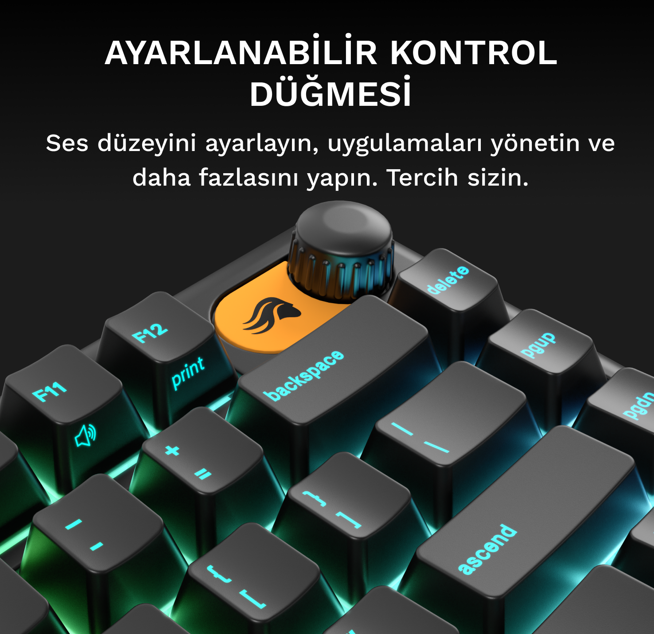 Camgöbeği arkadan aydınlatmalı ve yuvarlak kontrol düğmeli siyah klavye.