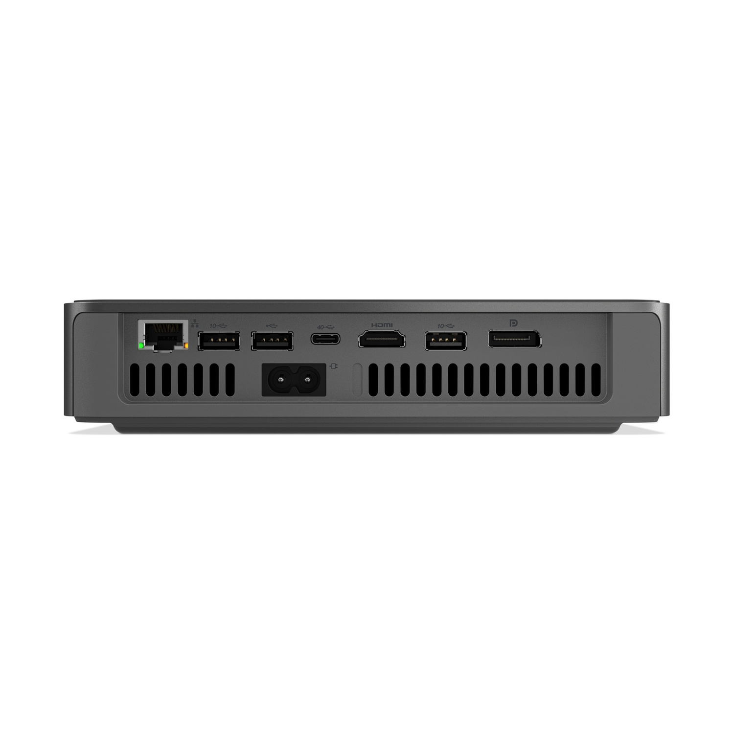 Retro di un mini PC grigio con porte Ethernet, USB, HDMI, di alimentazione e fessure di ventilazione.