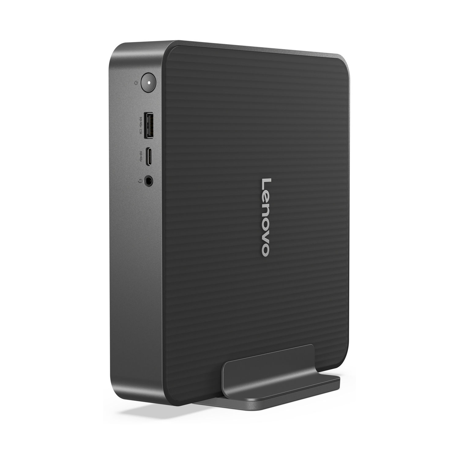 Un mini PC Lenovo nero su supporto, con porte sul pannello frontale e logo del marchio sul lato.