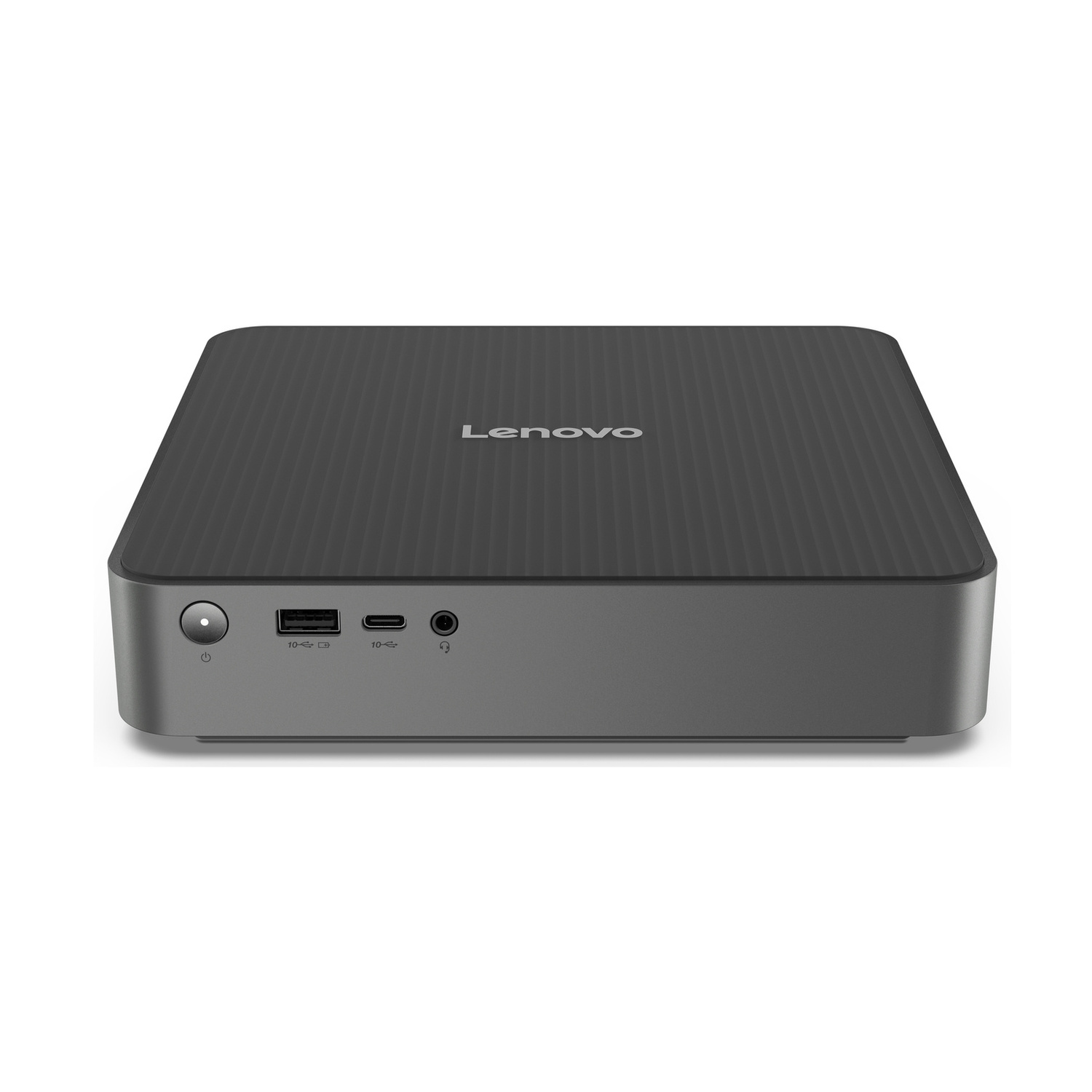 Un mini PC Lenovo grigio con porte frontali e angoli arrotondati.