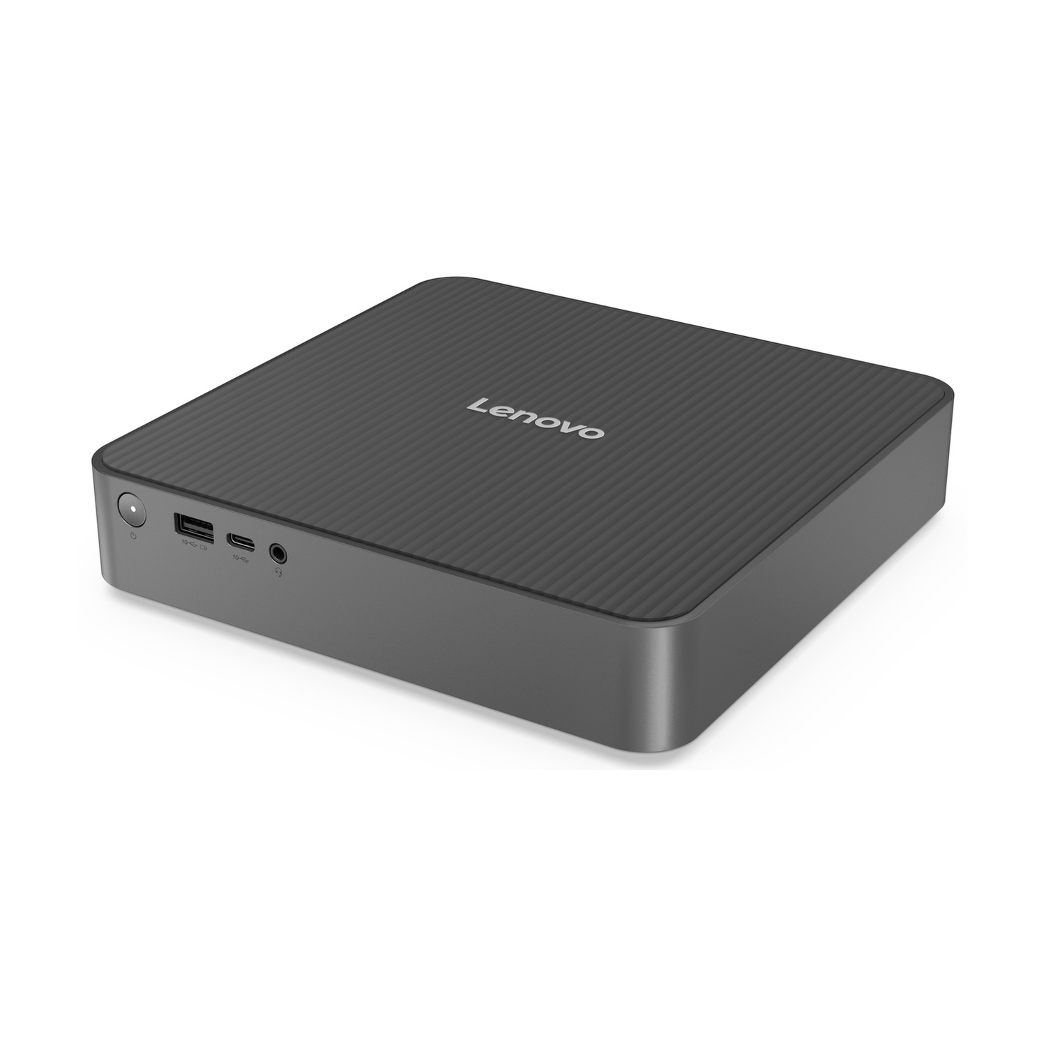 Un mini PC Lenovo grigio con parte superiore scanalata e porte anteriori.