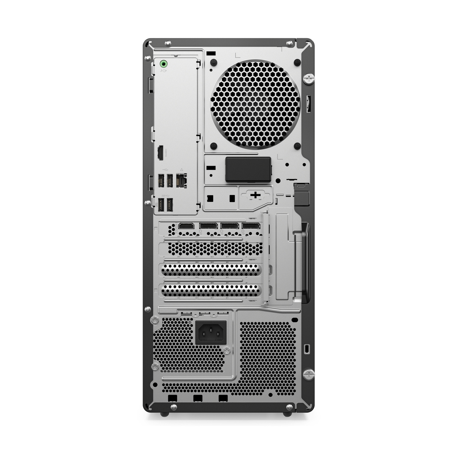 Pannello posteriore di un computer desktop nero, con prese d'aria, porte USB, uscite video e presa di corrente.