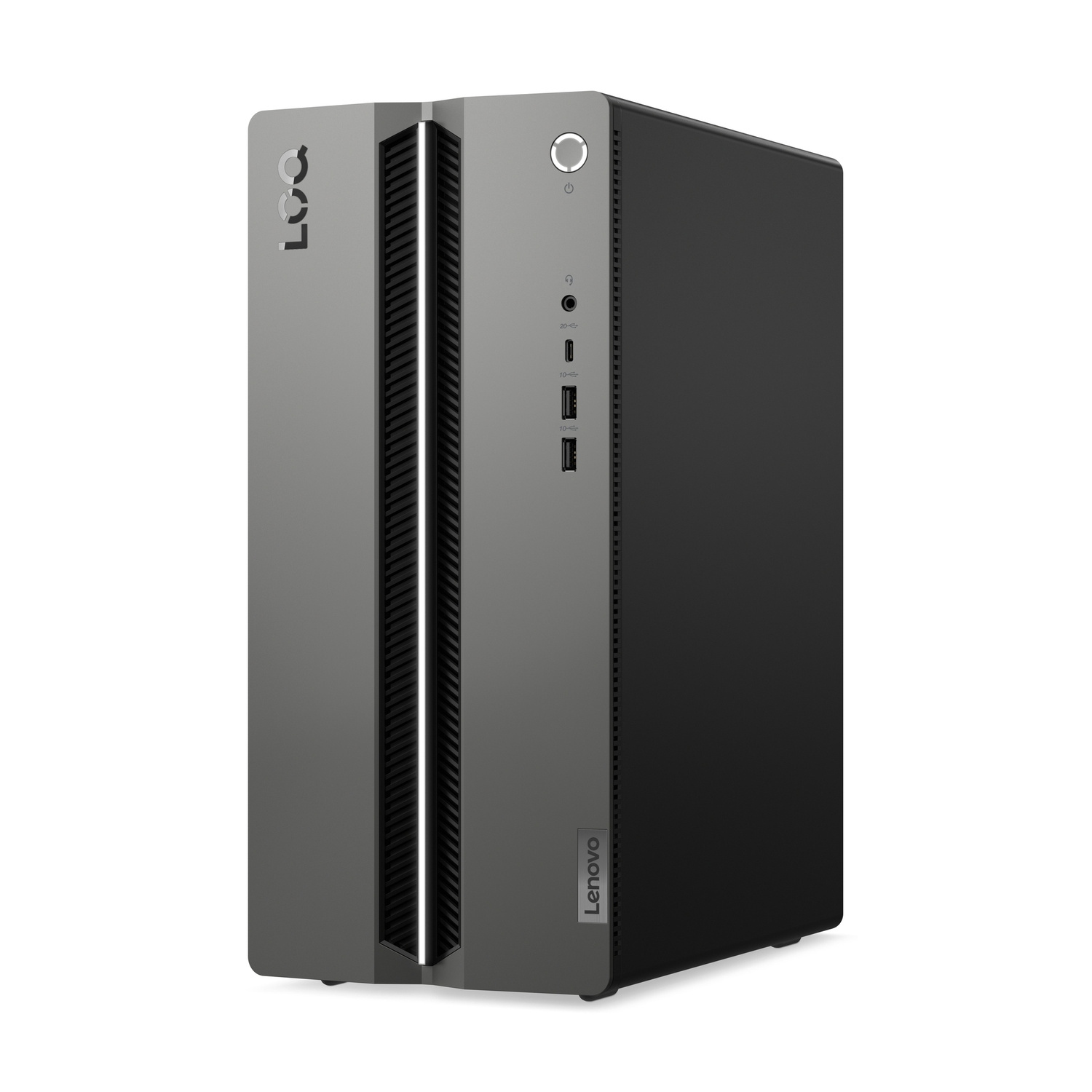 PC desktop Lenovo LOQ grigio con porte anteriori e striscia luminosa verticale su sfondo bianco.