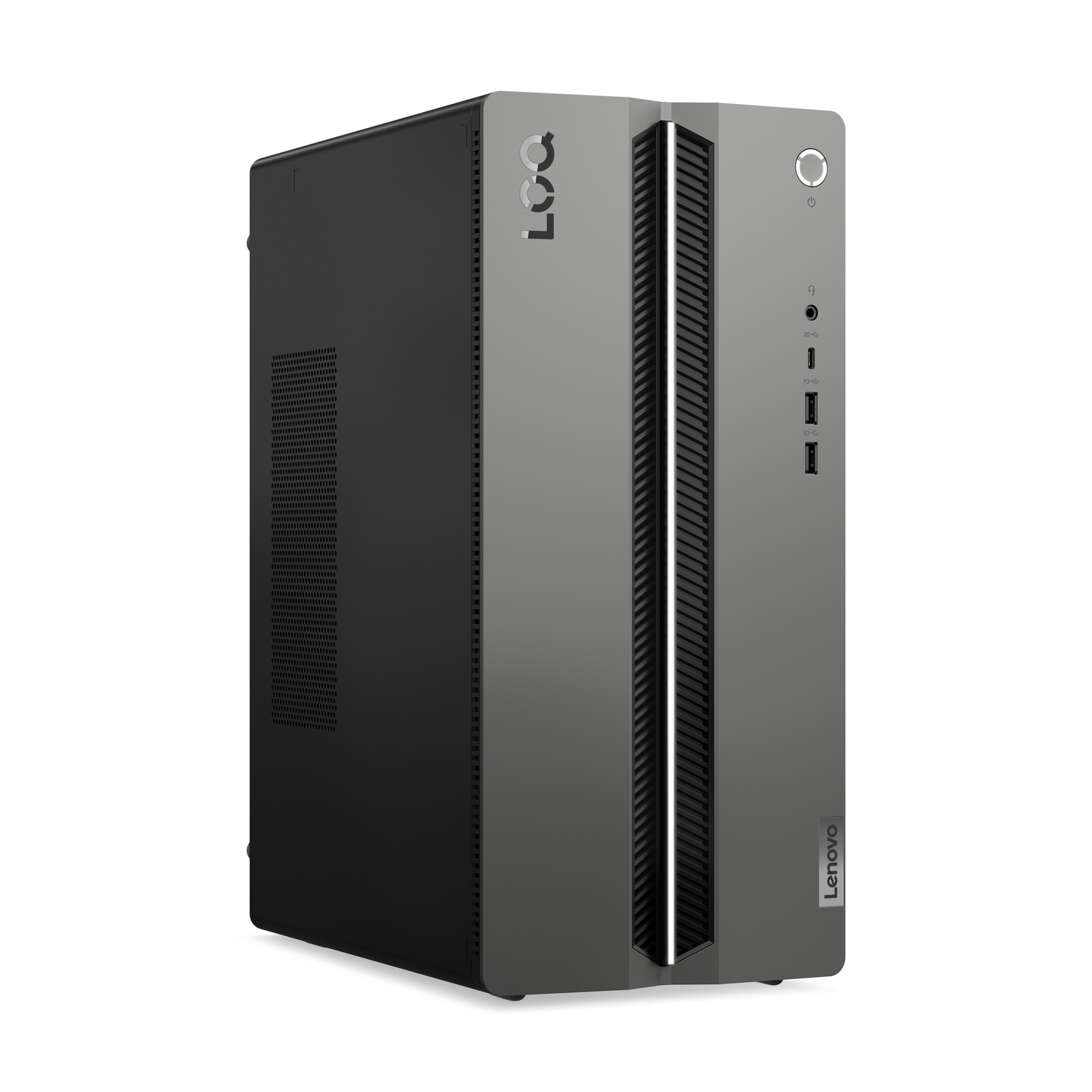 Tower per computer desktop Lenovo LOQ grigio con presa d'aria verticale e porte frontali su sfondo bianco.