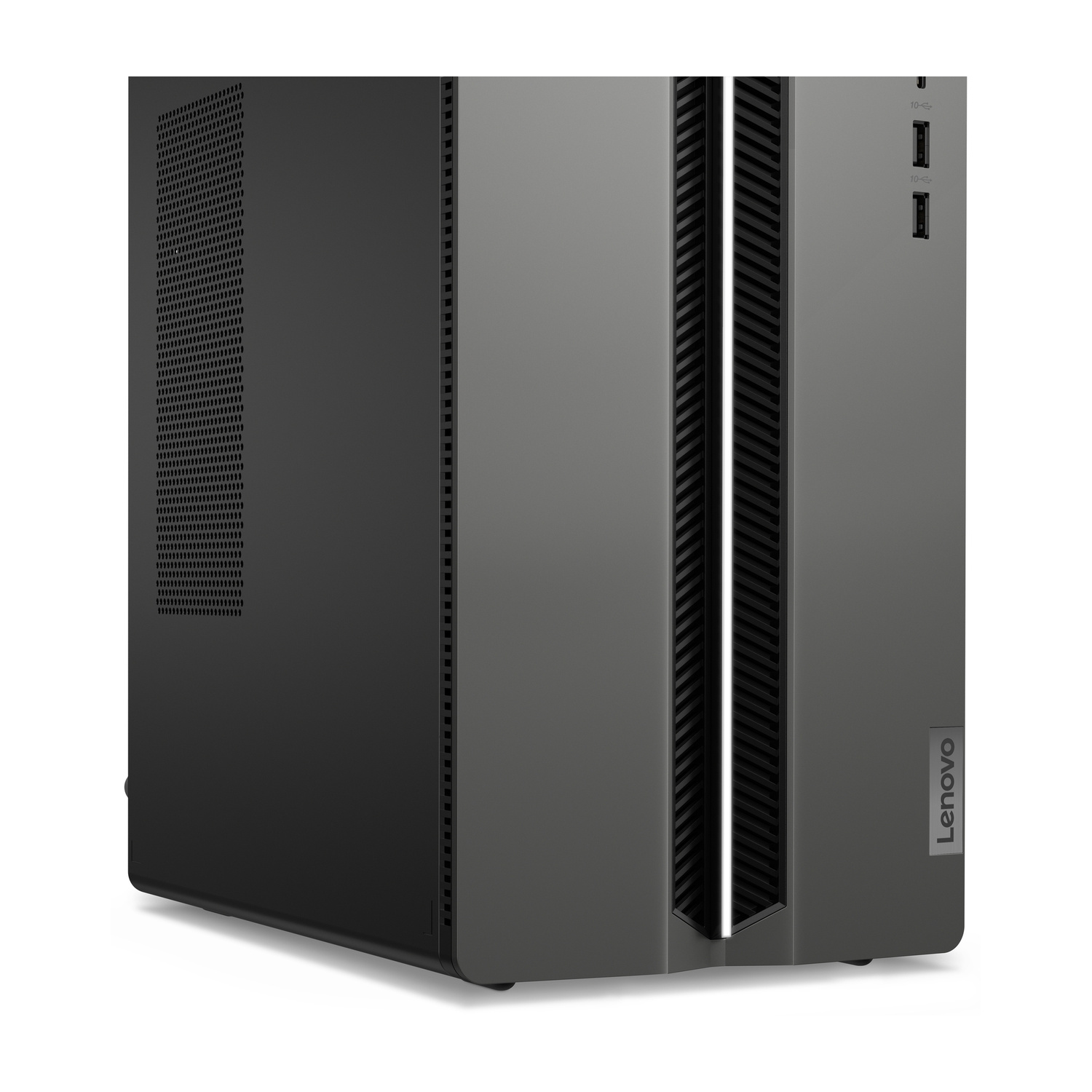 Computer desktop Lenovo nero con striscia luminosa a LED verticale e porte USB.